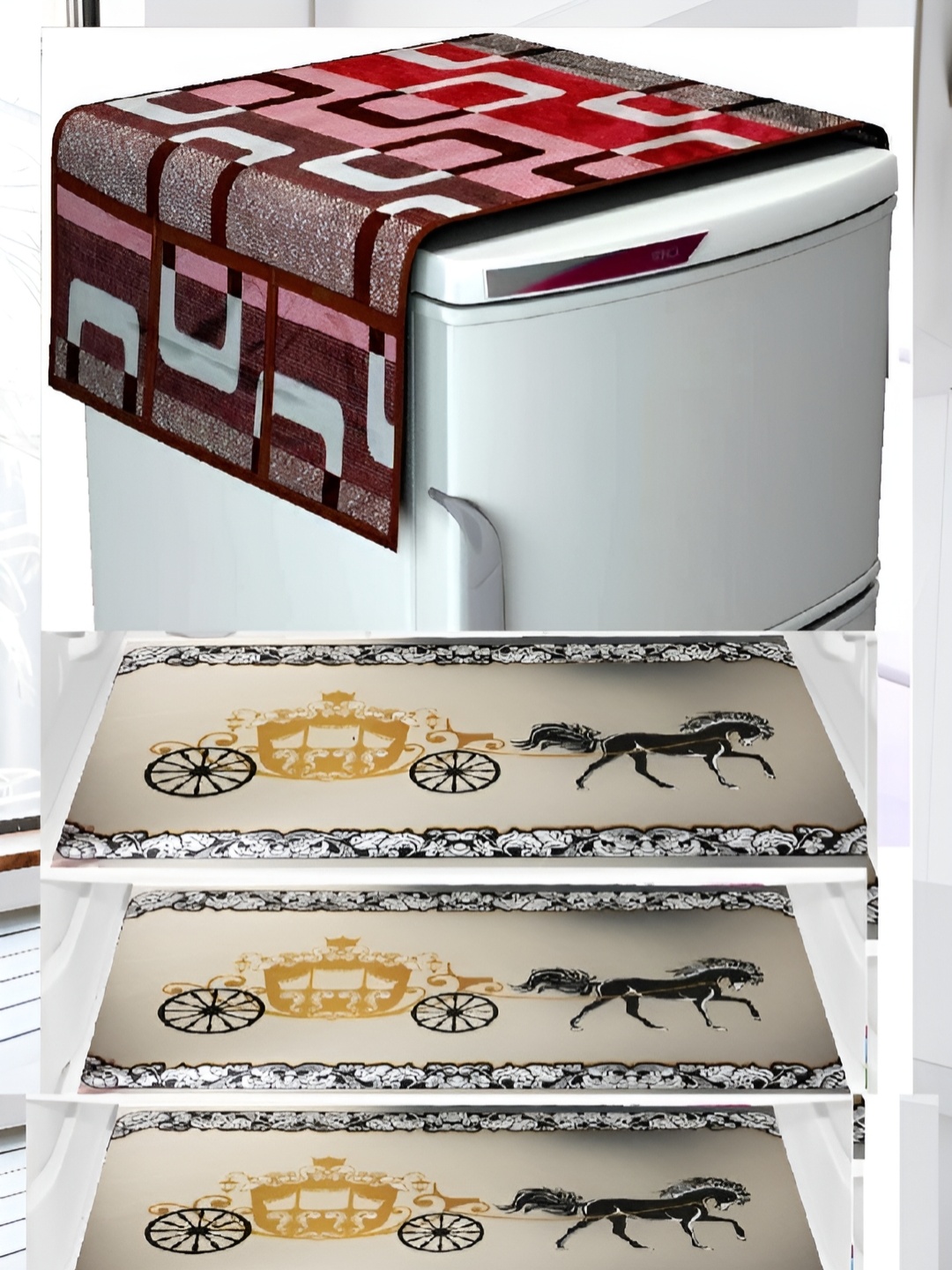 

REVEXO 5-Pcs Maroon & Black Printed Refrigerator Top Cover With Mats