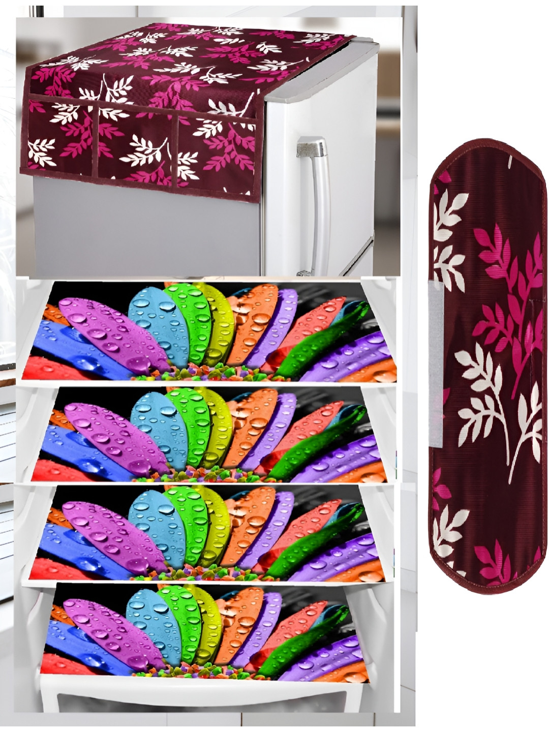 

REVEXO Brown & Pink 6 pieces Floral Printed Appliance covers