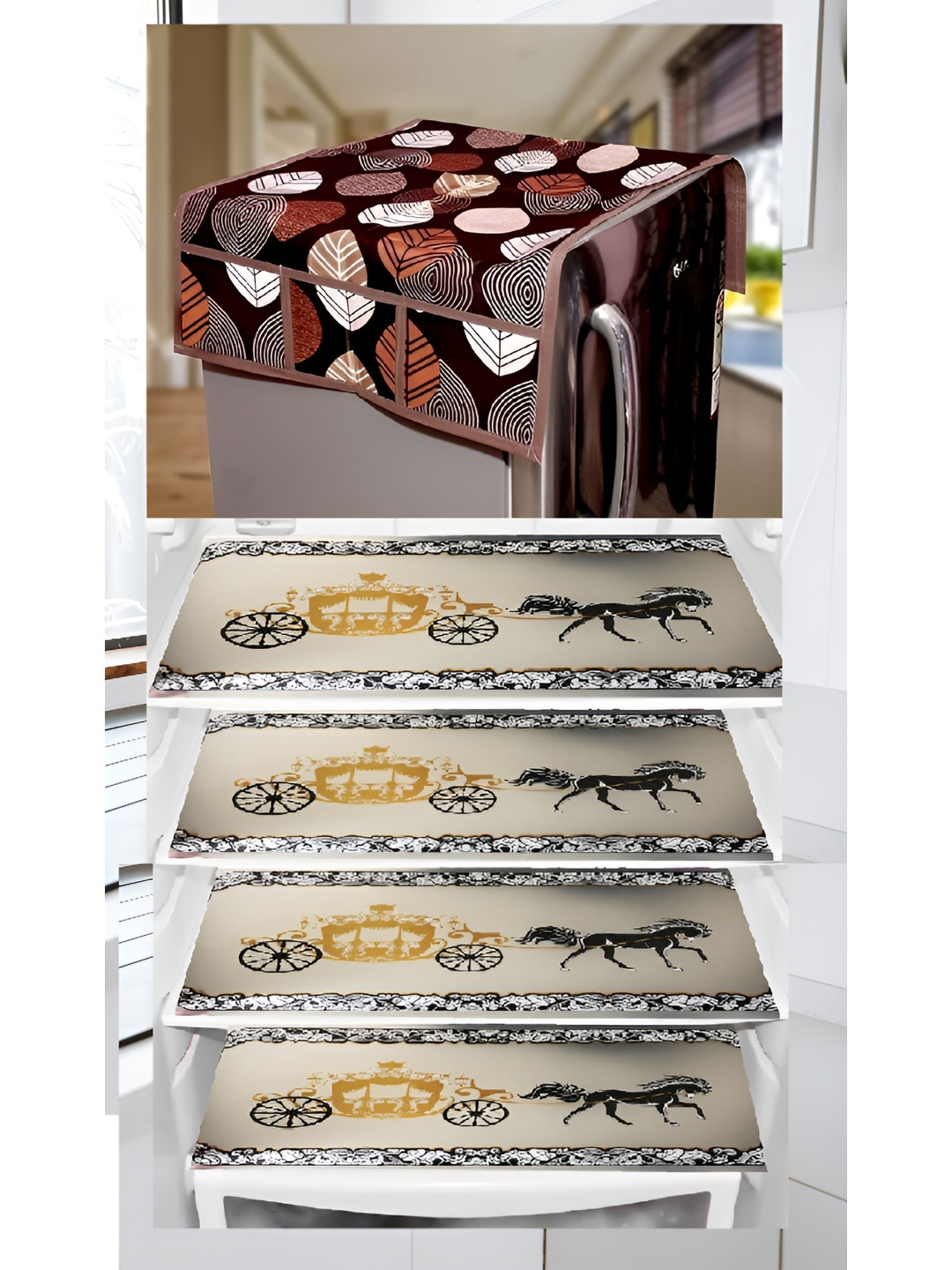 

REVEXO Brown & Cream 5 Pieces Printed Fridge Top Cover & Fridge Mats