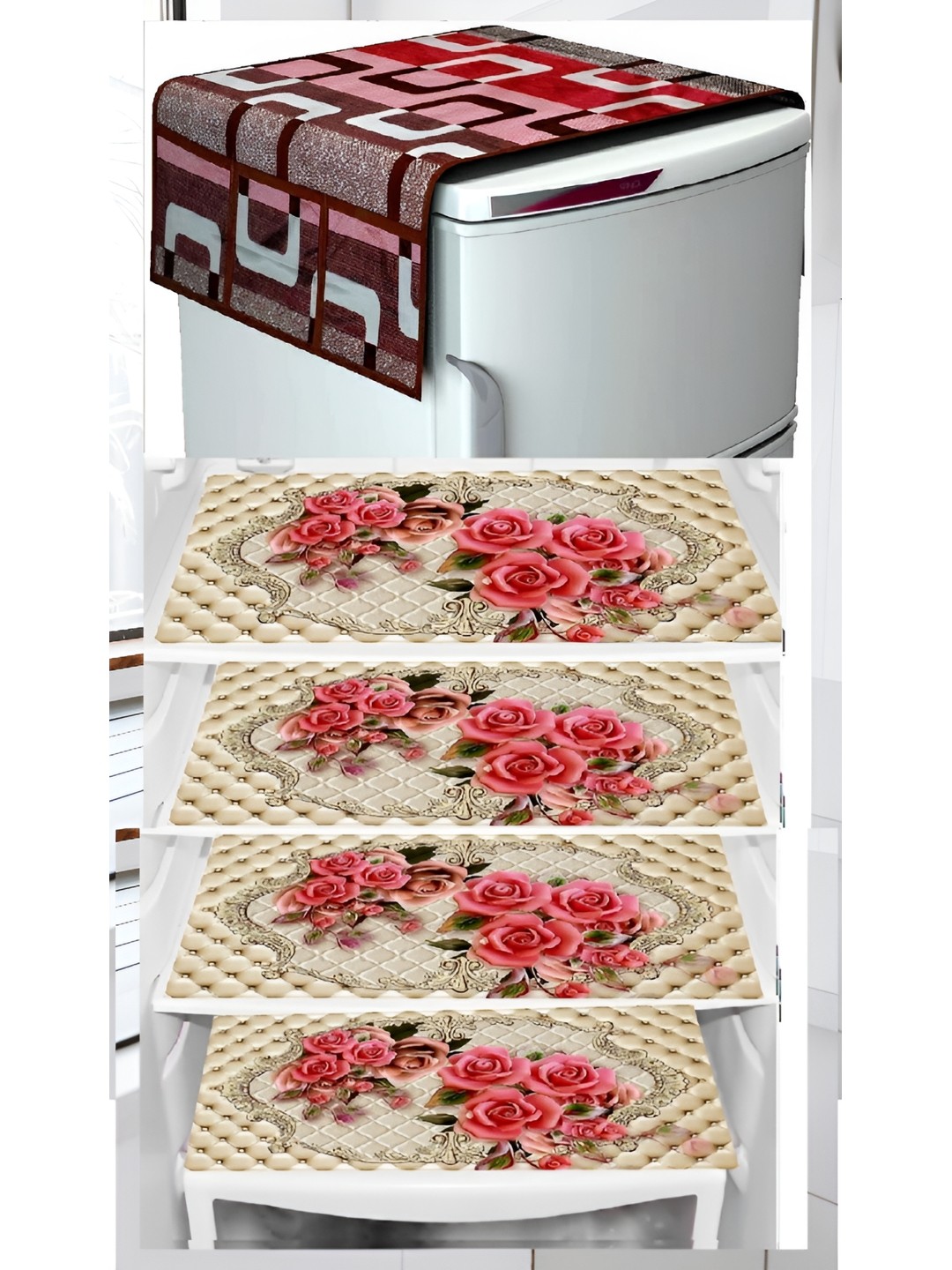 

REVEXO Set of 5 Printed Fridge Cover Mats, Maroon
