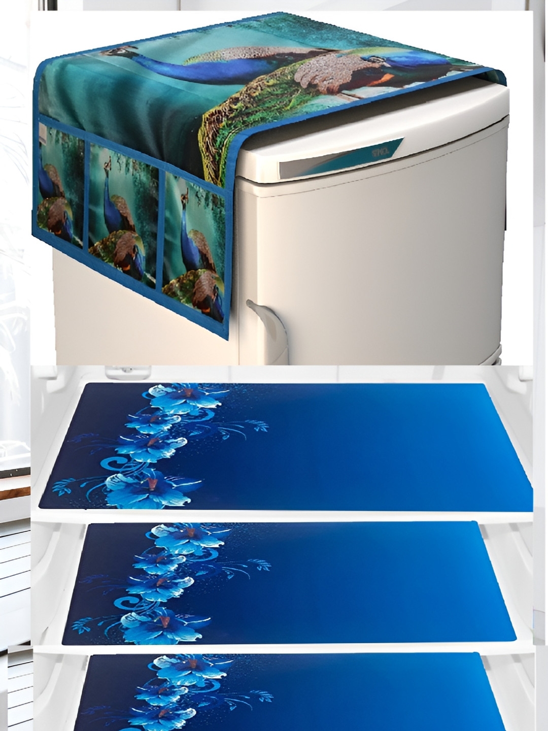 

REVEXO 5-Pcs Blue Printed Refrigerator Top Cover With Mats