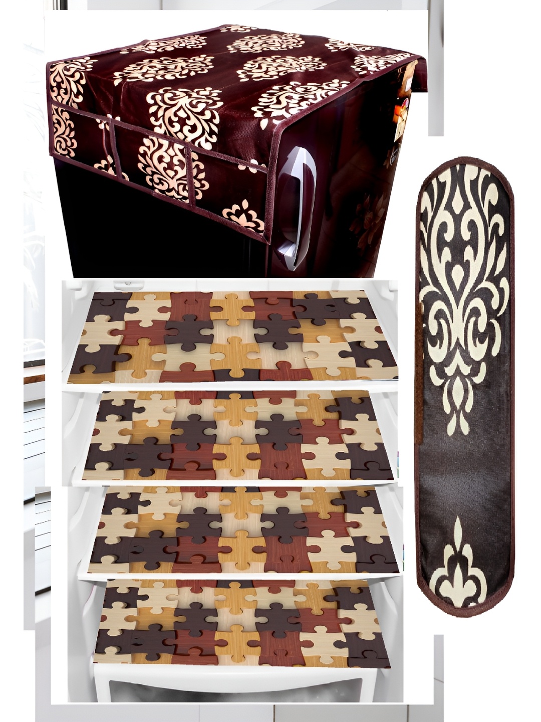 

REVEXO 6-Pcs Maroon & Brown Printed Fridge Top Cover With Fridge Handle Cover & Fridge Mat