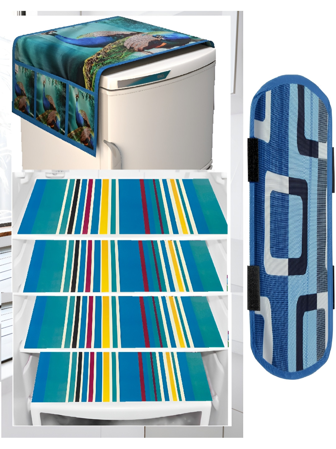 

REVEXO Blue 6 Pieces Printed Refrigerator Top Cover With Handle & Mats