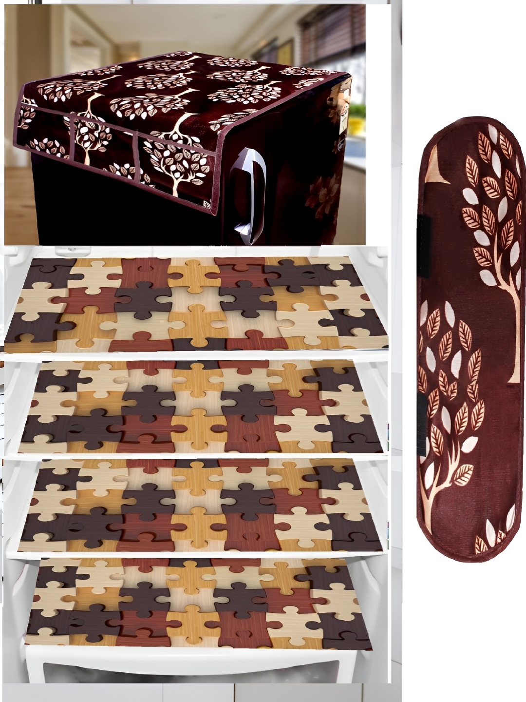 

REVEXO Beige & Maroon 6 Pieces Printed Refrigerator Top Cover With Handle & Mats