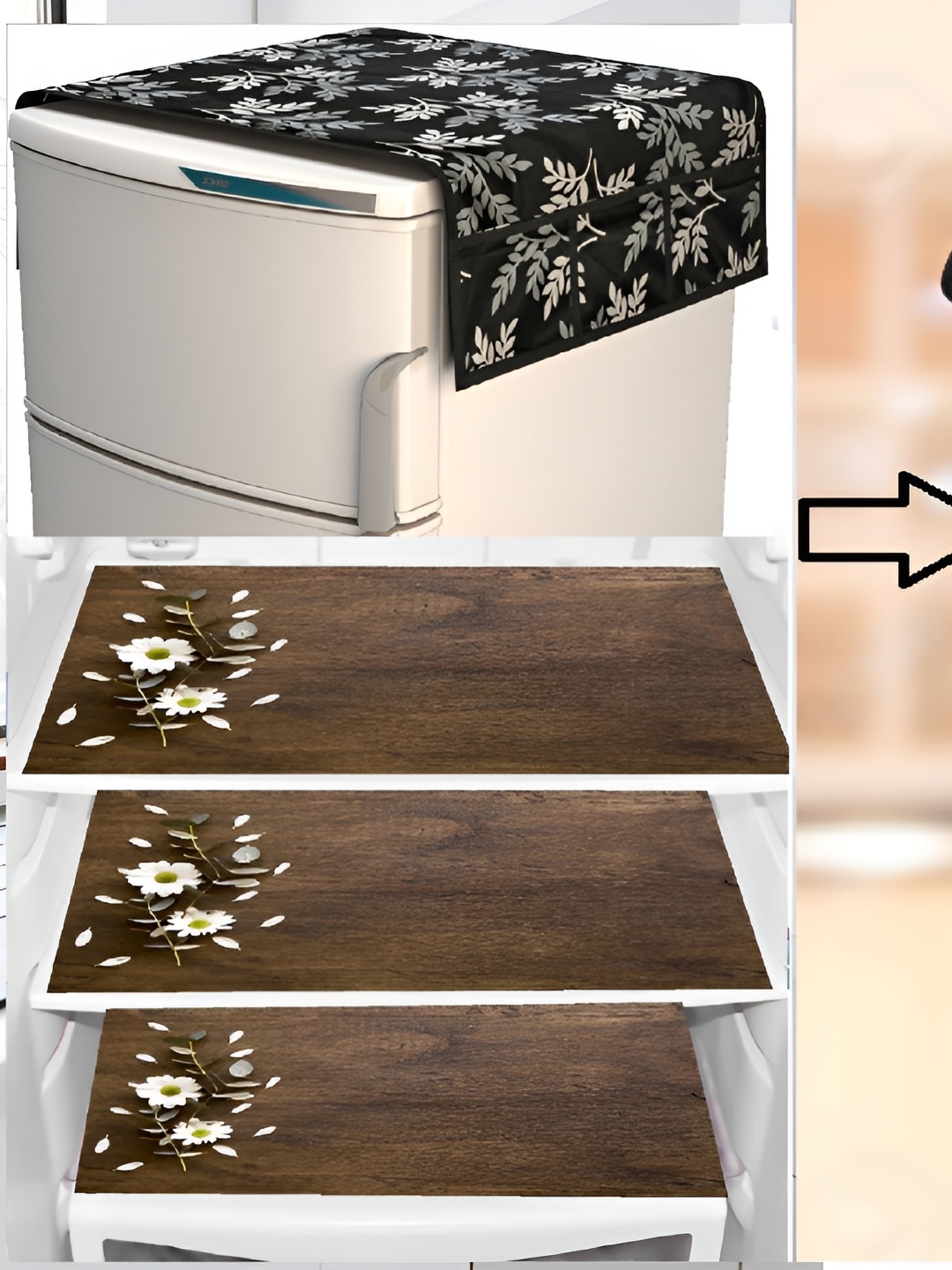 

REVEXO Black & Brown 5 Pieces Printed Fridge Top Cover With Fridge Mats