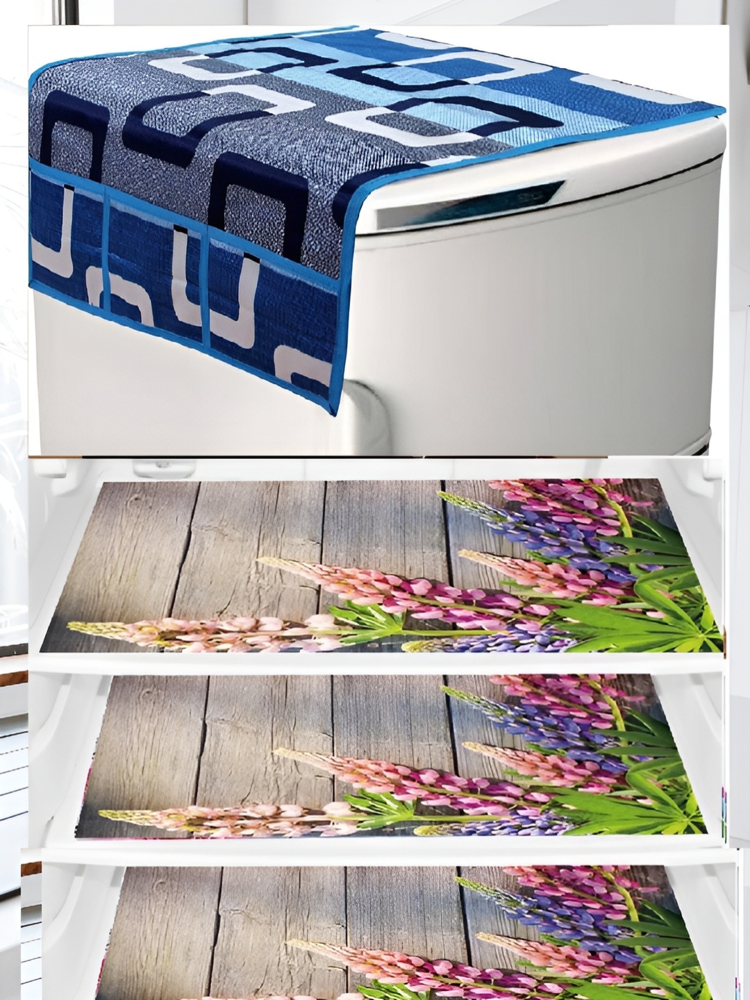 

REVEXO Blue 5 Pieces Printed Fridge Top Cover With Fridge Mats