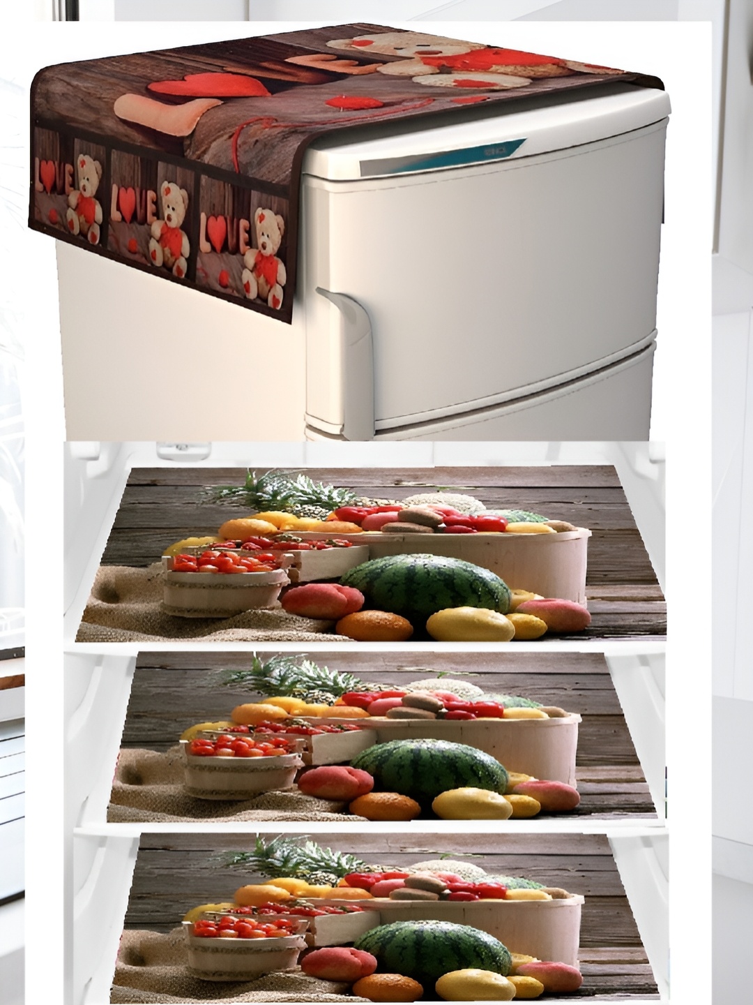 

REVEXO Brown & Red 4 Pieces Printed Fridge Cover With Mats