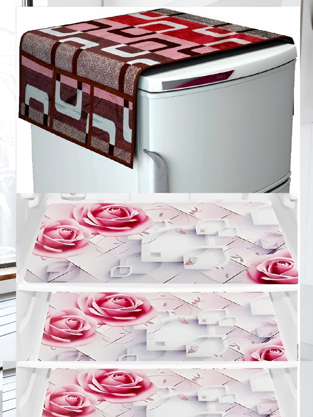 

REVEXO Set of 5 Printed Fridge Cover Mats, Maroon
