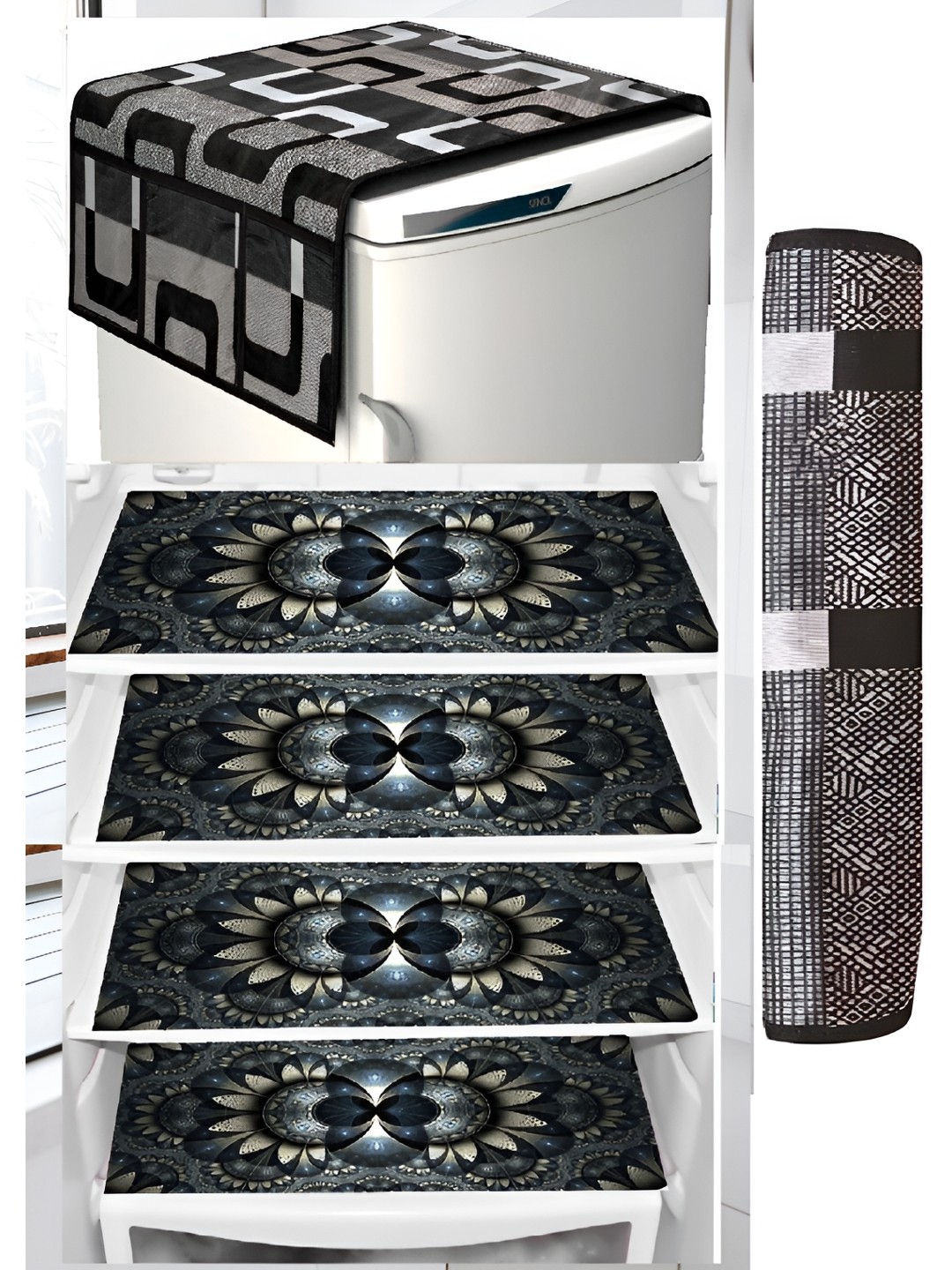 

REVEXO Black & Grey 6 Pieces Printed Refrigerator Top Cover With Handle & Mats