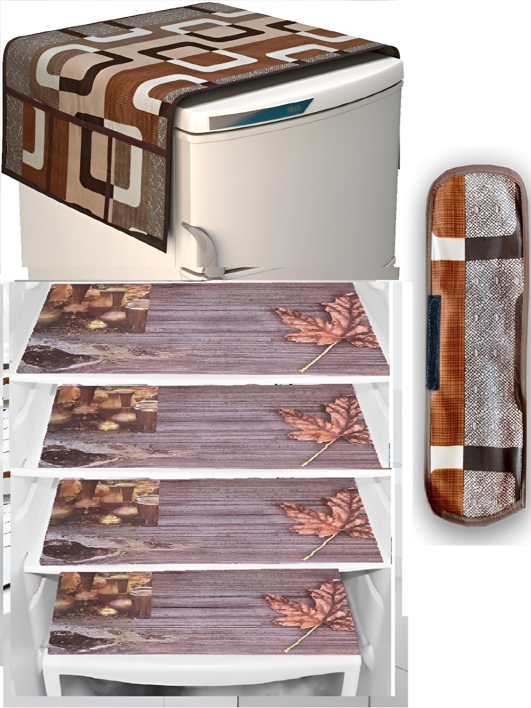 

REVEXO 6-Pcs Brown & Pink Printed Fridge Top Cover With Fridge Handle Cover & Fridge Mats