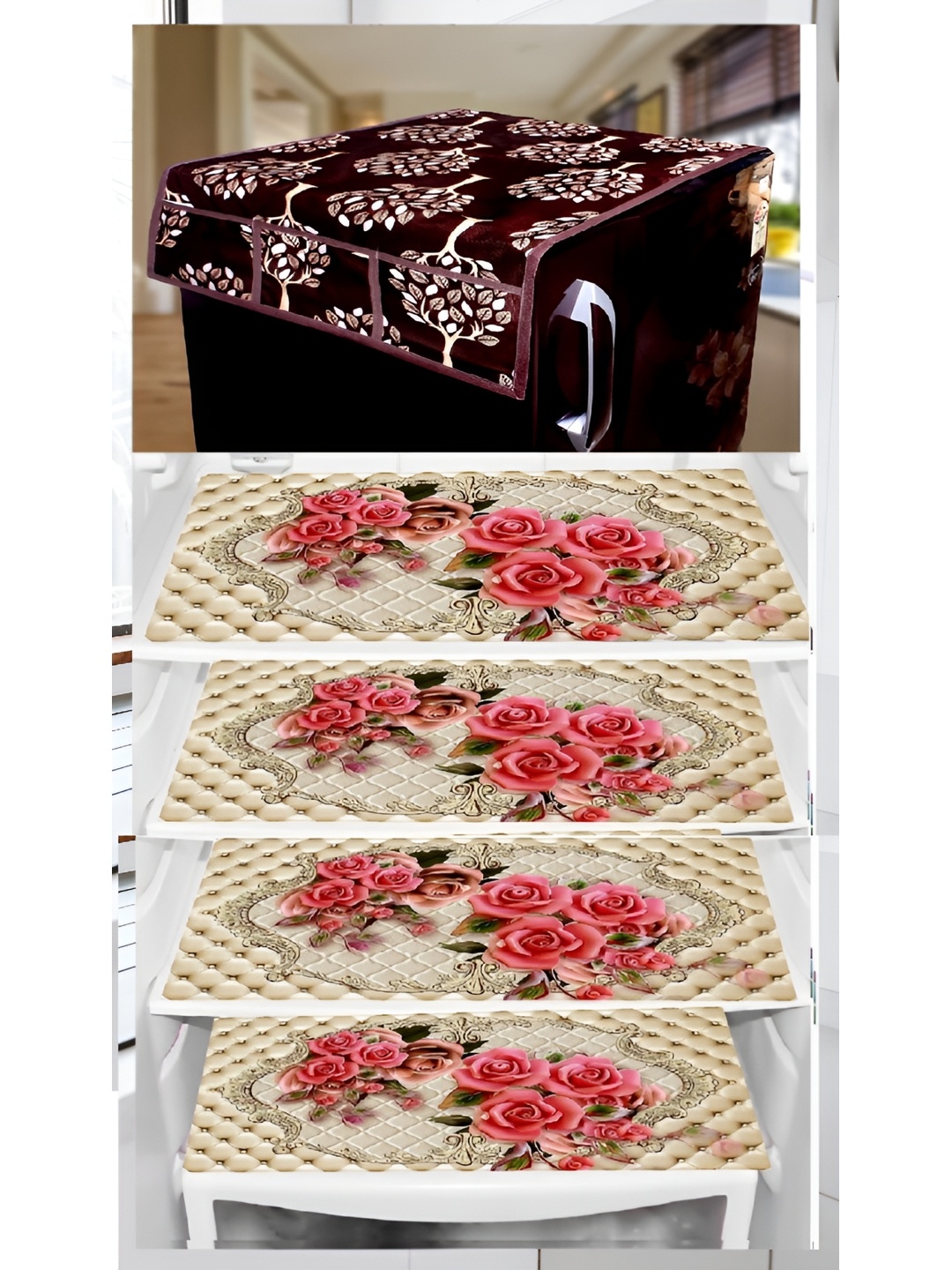 

REVEXO Brown & White 5 Pieces Printed Fridge Top Cover With Fridge Mats