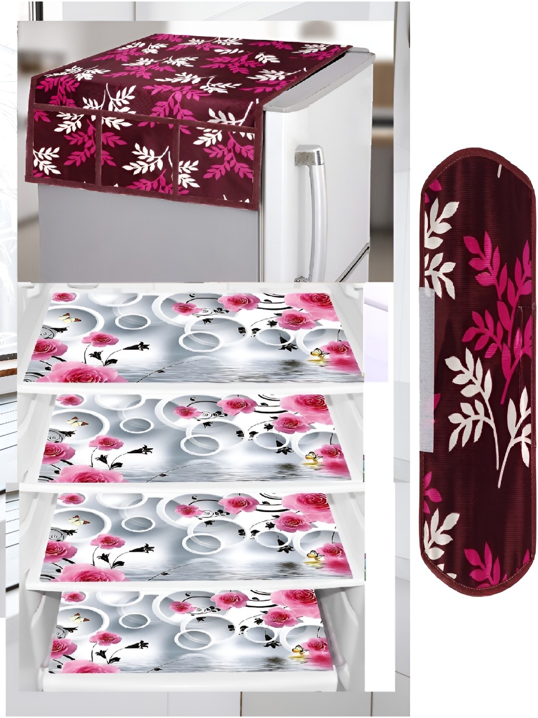 

REVEXO 6-Pcs Maroon & White Printed Fridge Top Cover With Fridge Handle Cover & Fridge Mat