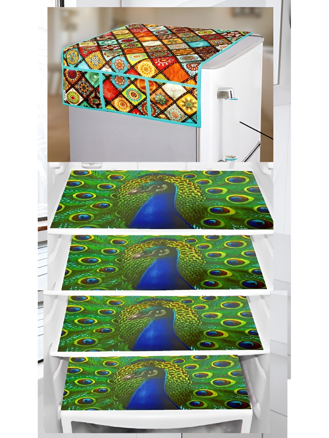 

REVEXO Green & Blue 4 Pieces Printed Fridge Cover With Mats