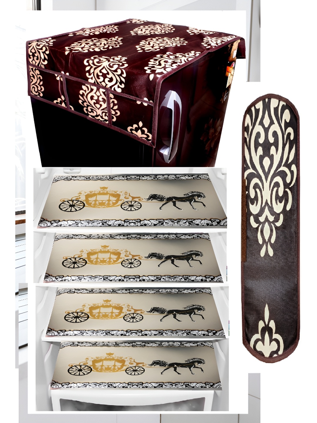 

REVEXO 6-Pcs Maroon & Black Printed Refrigerator Top Cover With Handle & Mats