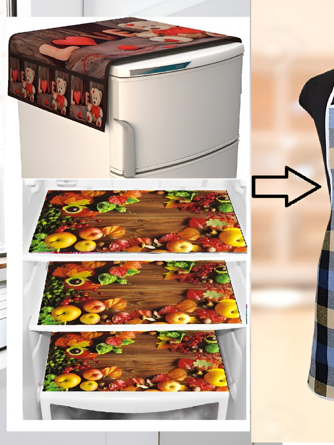 

REVEXO 5-Pcs Blue Printed Fridge Top Cover With Fridge Handle Cover & Fridge Mats, Brown