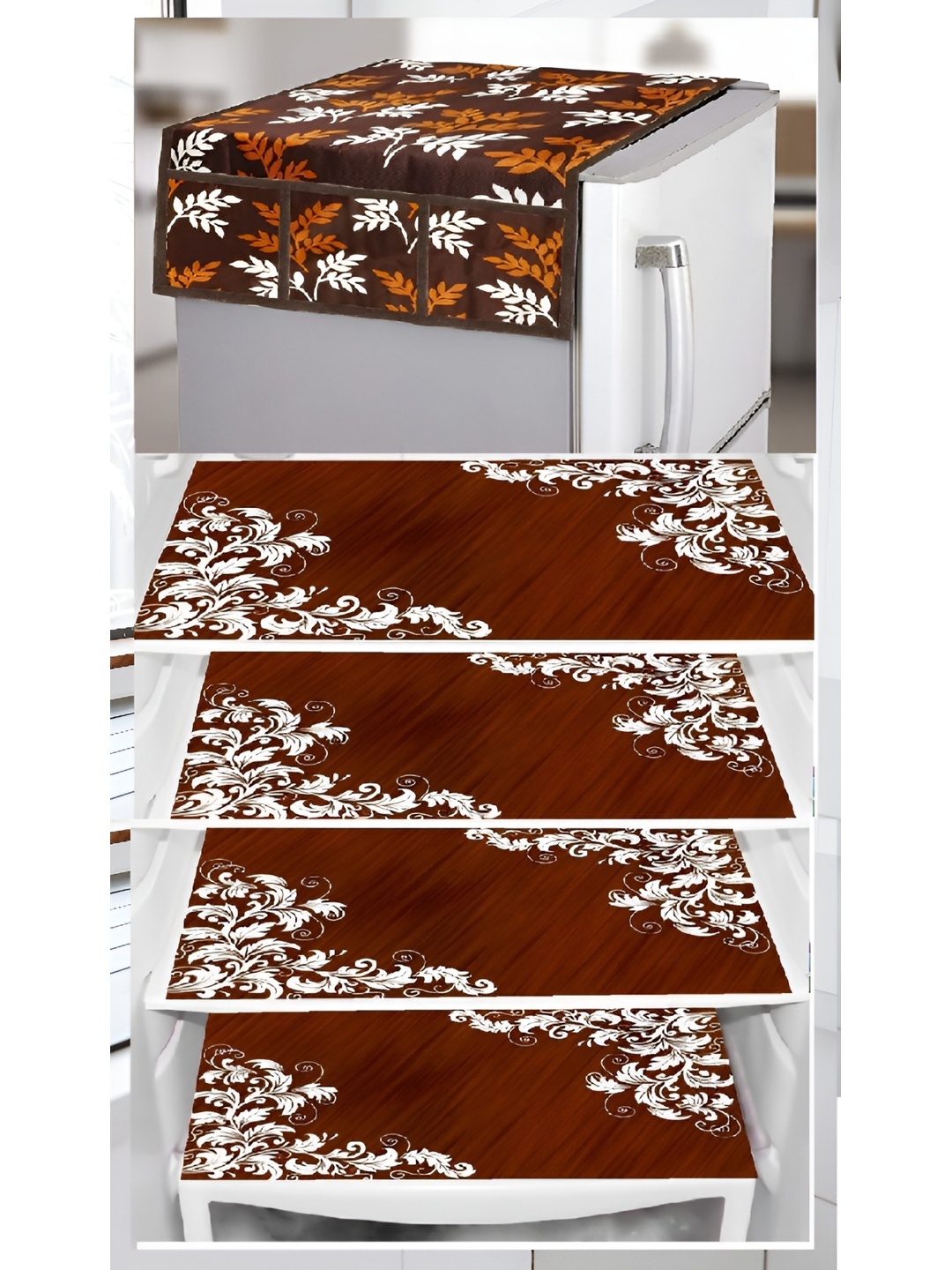 

REVEXO 5-Pcs Maroon & White Printed Refrigerator Top Cover With Mats