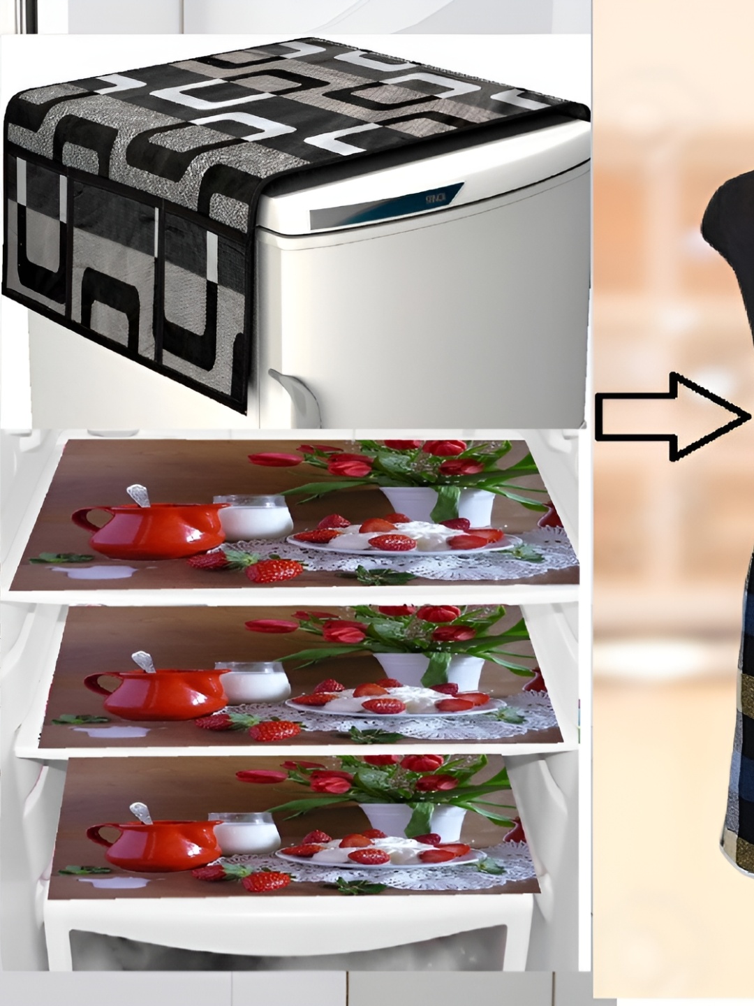 

REVEXO 5-Pcs Grey & Red Printed Fridge Top Cover With Fridge Mats