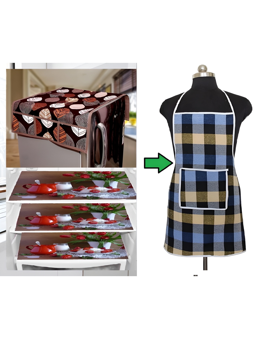 

REVEXO Brown & Blue Floral Printed Fridge Cover With 3 Fridge Mats & Apron