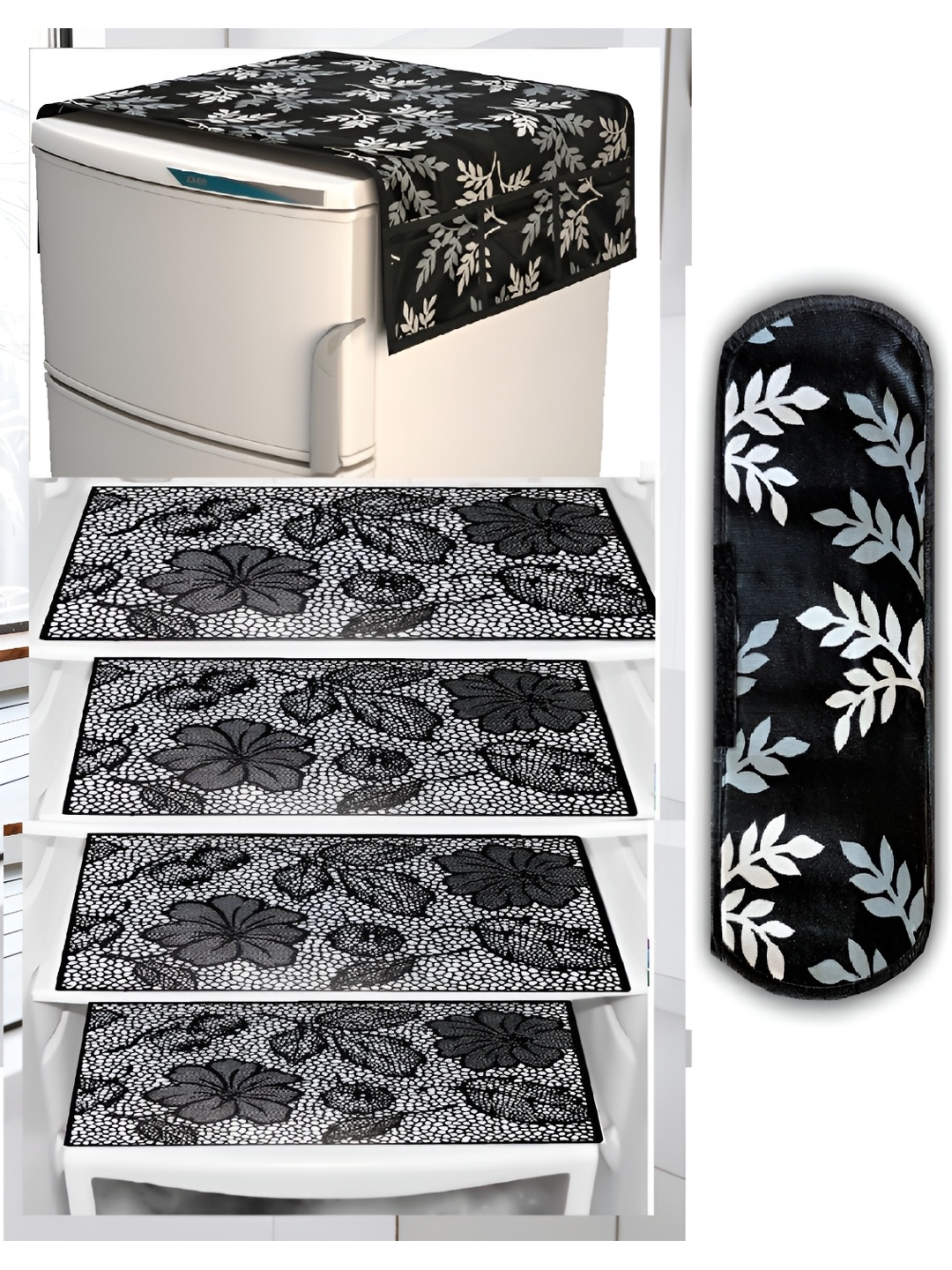 

REVEXO Black & White 6 Pieces Printed Refrigerator Top Cover With Handle & Mats