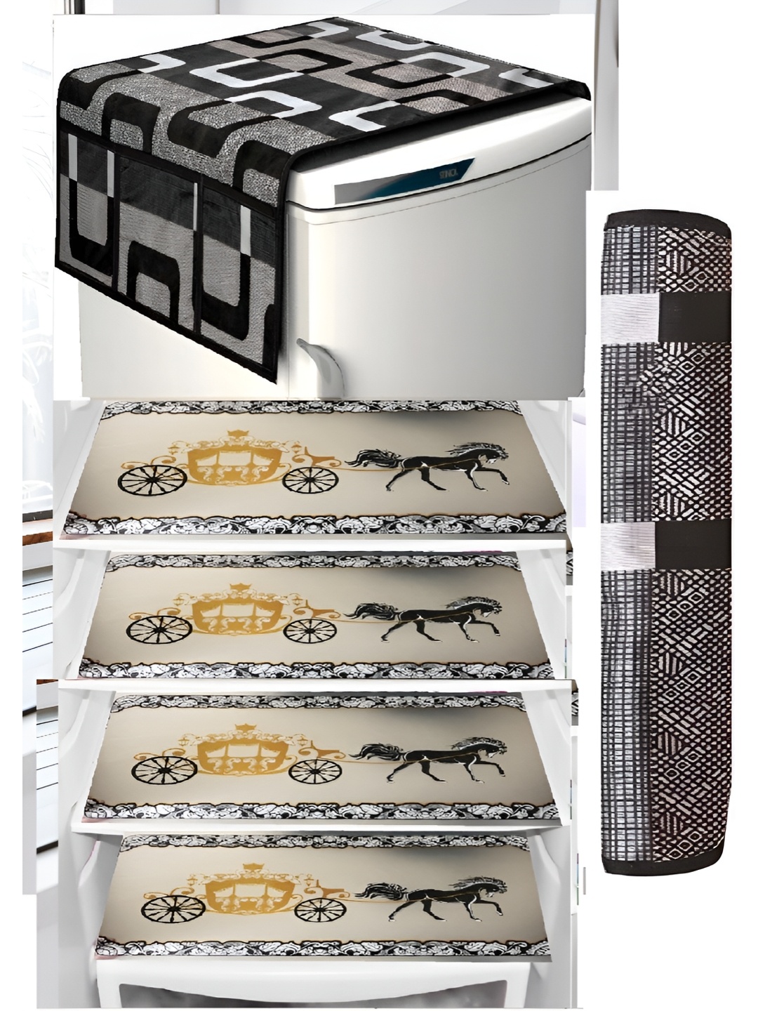 

REVEXO 6-Pcs Black & White printed Fridge Top Cover