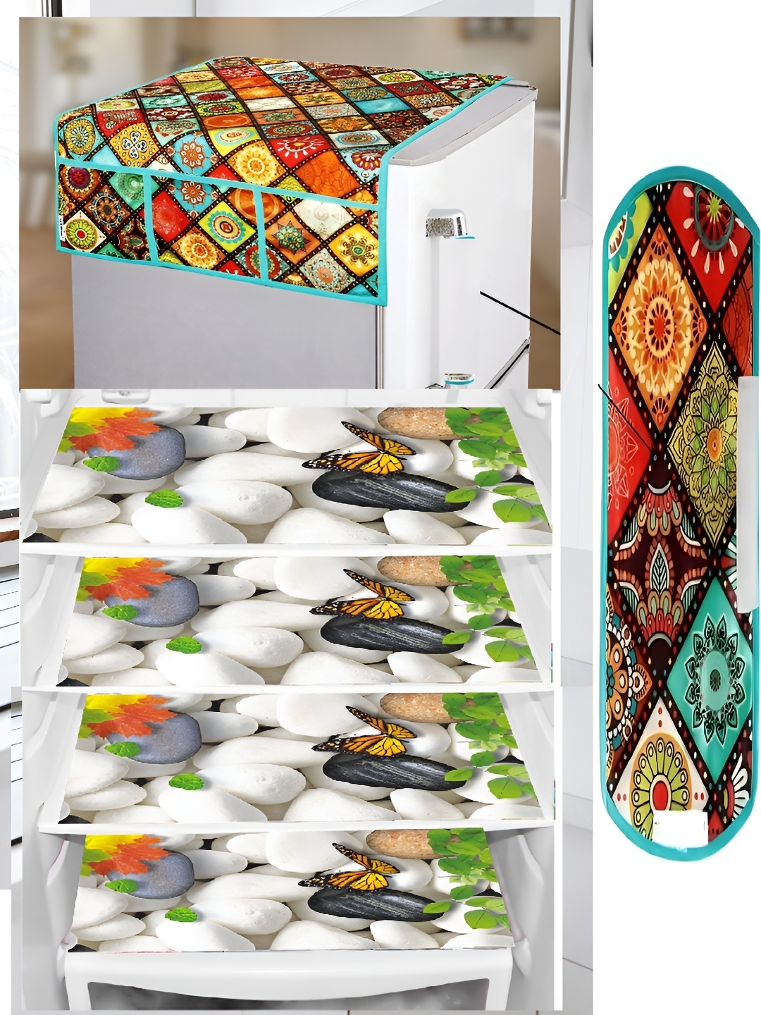 

REVEXO White & Brown 6 pcs Printed Fridge Top Cover With Fridge Handle Cover & Fridge Mats