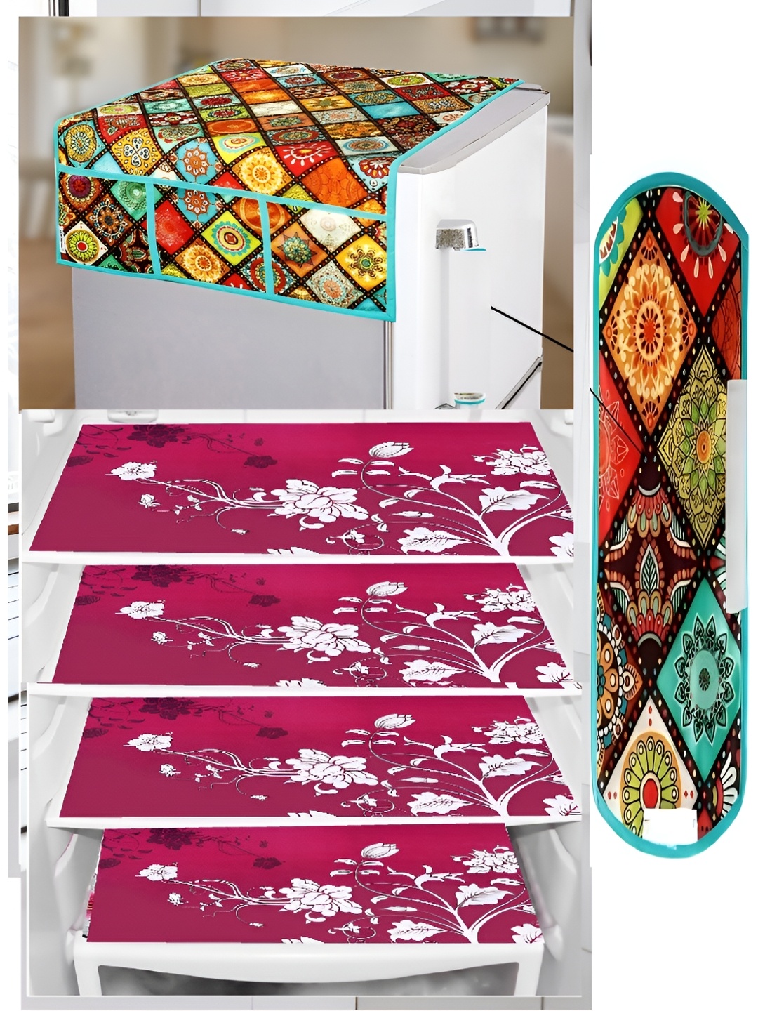 

REVEXO 6-Pcs Pink & Green 4 Pieces Printed Fridge Cover With Mats