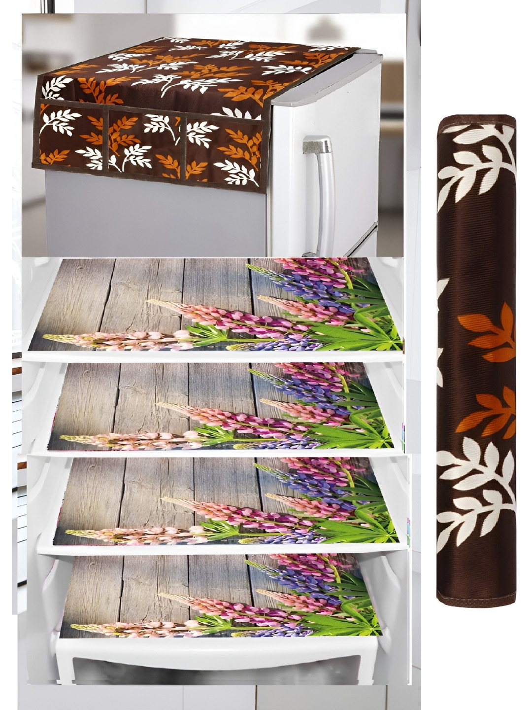 

REVEXO 6-Pcs Brown & Grey Printed Fridge Top Cover With Fridge Handle Cover & Fridge Mats