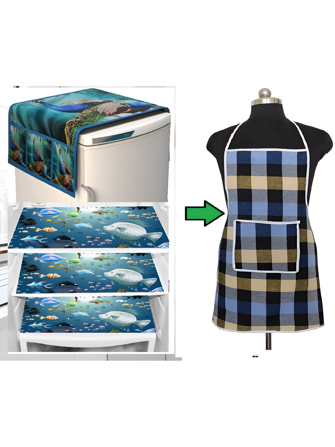 

REVEXO Blue 5 Pieces Printed Fridge Top Cover With Apron & Fridge Mats