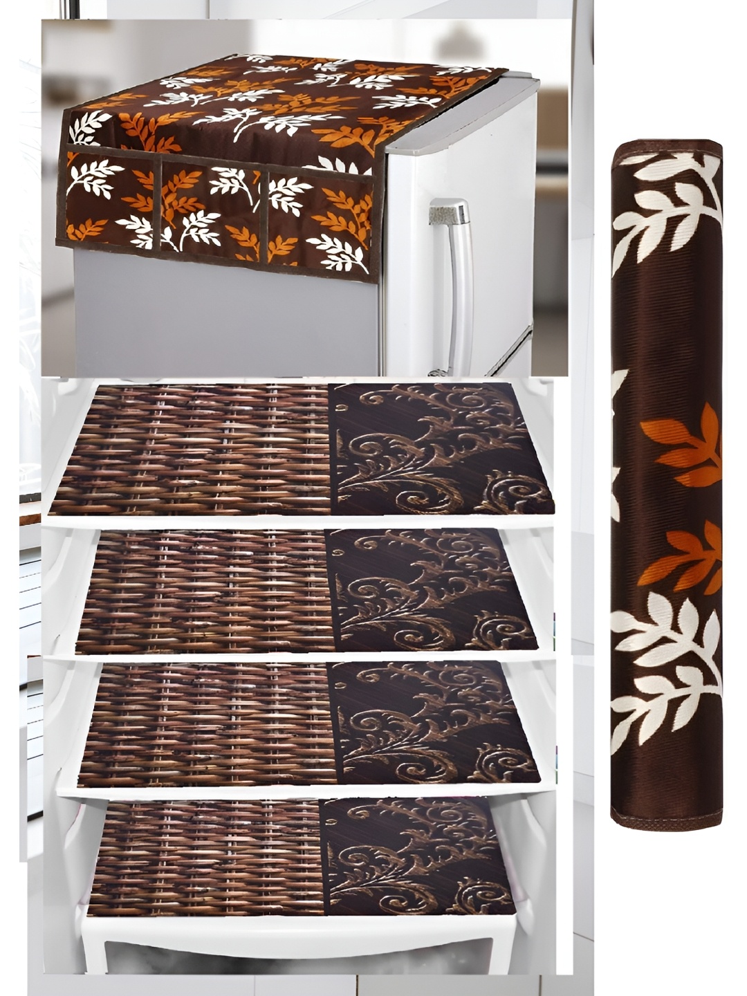 

REVEXO Brown & White 6 Pieces Printed Refrigerator Top Cover With Handle & Mats