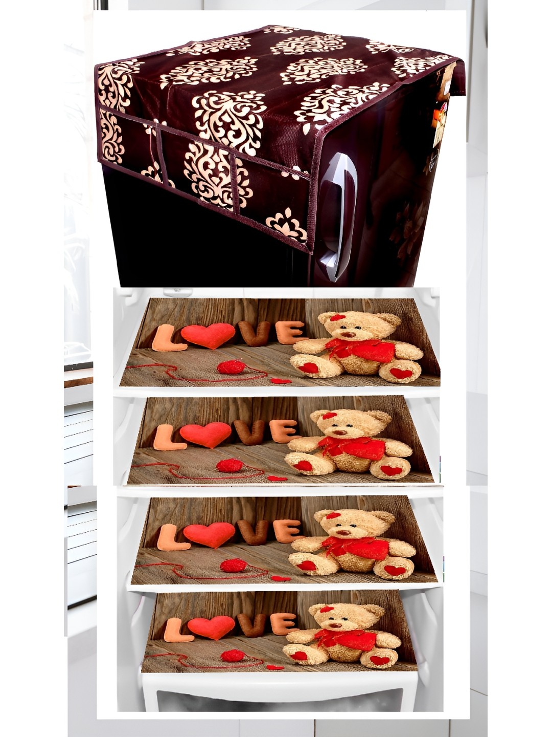 

REVEXO Brown & Beige Floral Printed Fridge Cover With 4 Fridge Mats