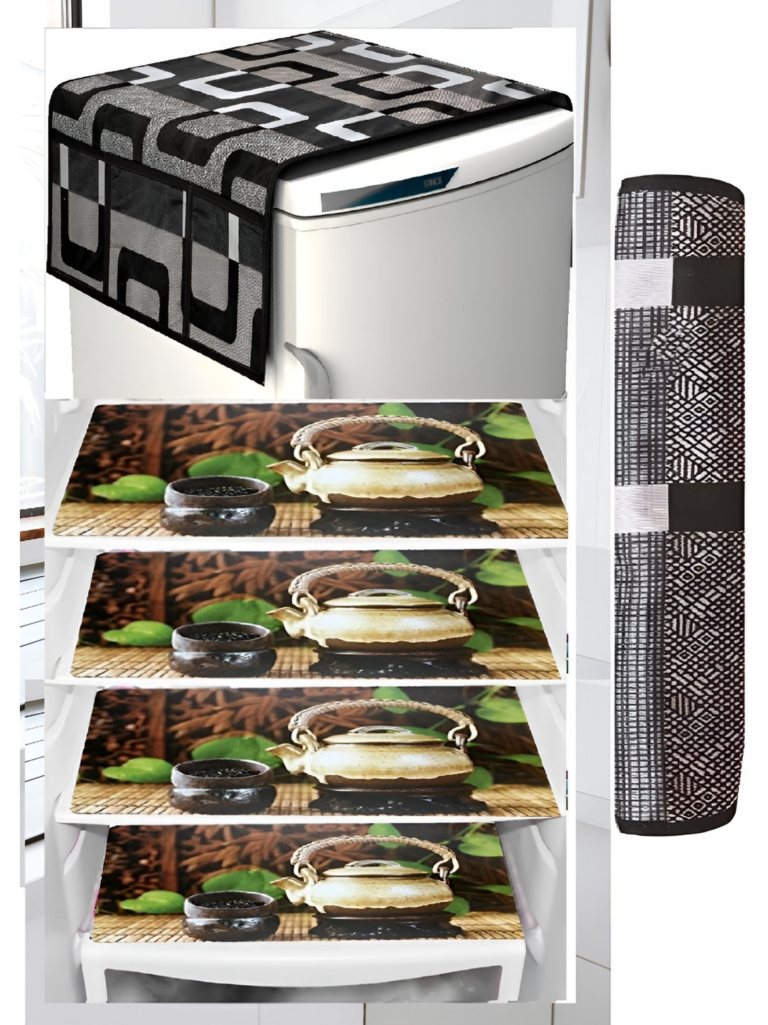 

REVEXO 6-Pcs Grey & Brown Printed Fridge Top Cover With Fridge Handle Cover & Fridge Mat