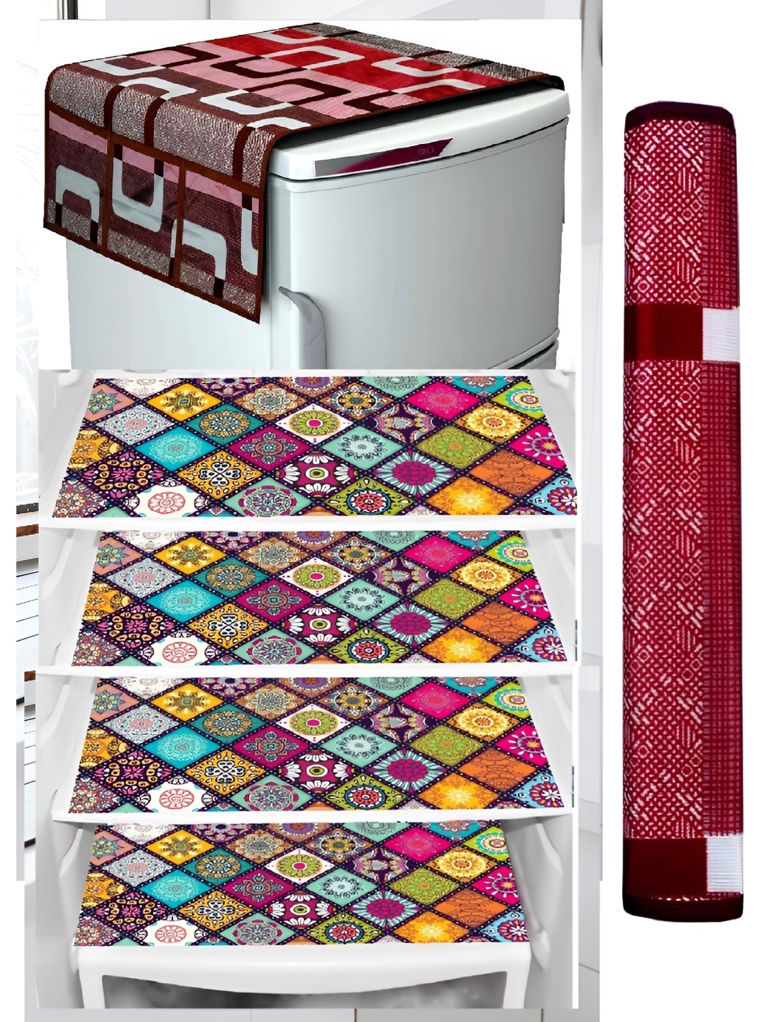 

REVEXO Set of 5 Printed Fridge Cover Mats, Maroon