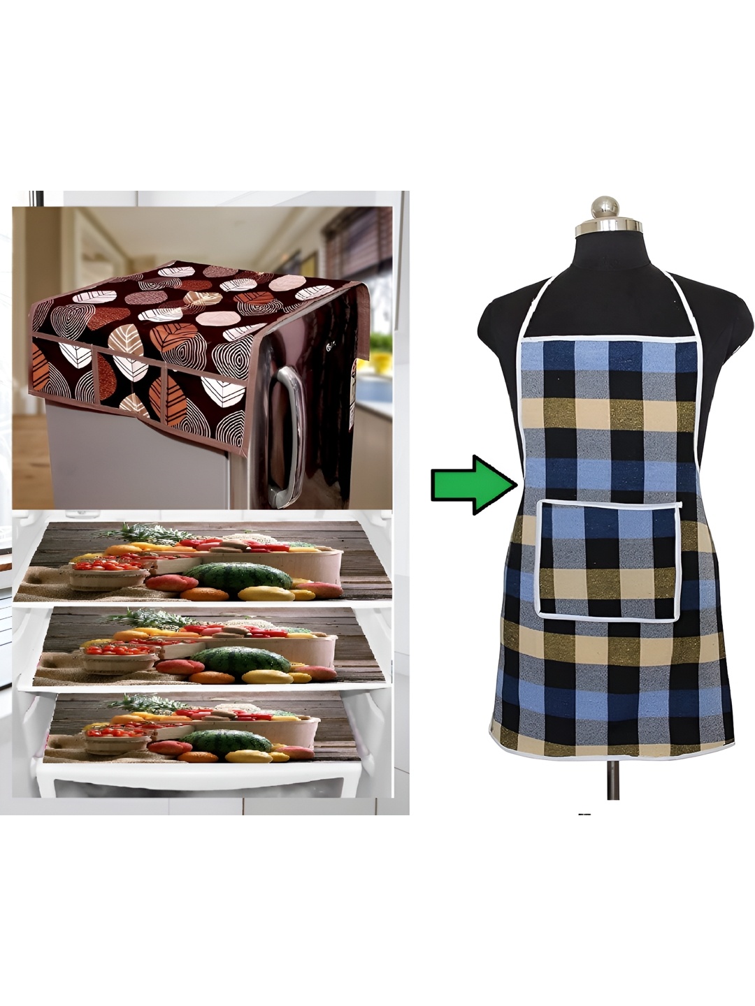 

REVEXO 5-Pcs Blue Printed Fridge Top Cover With Apron & Fridge Mats