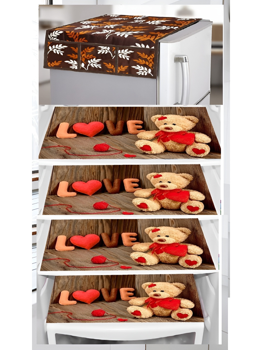 

REVEXO 5-Pcs Brown Printed Fridge Top Cover & Fridge Mats