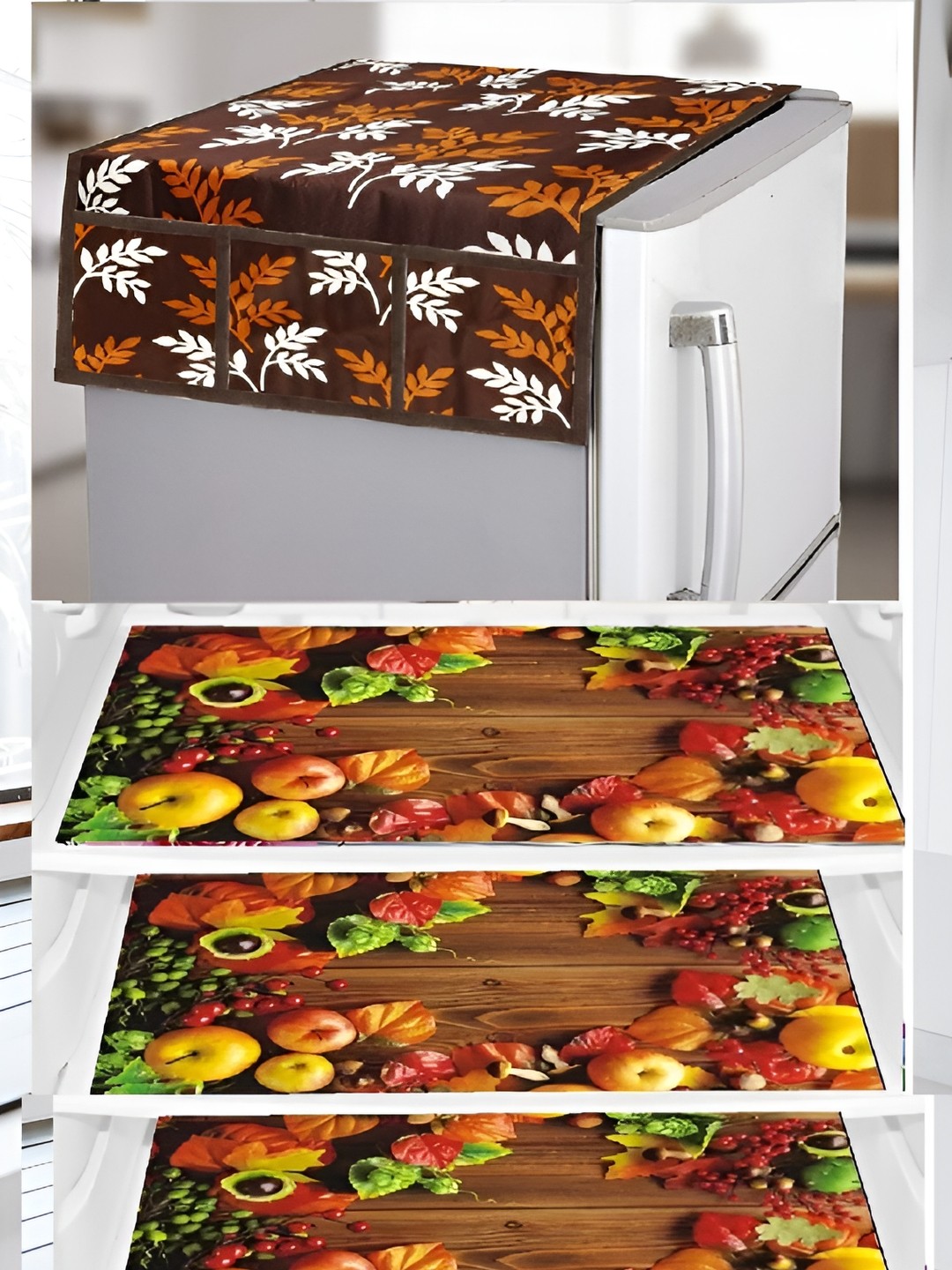 

REVEXO Brown & Yellow 4 Pieces Floral Printed Appliance covers