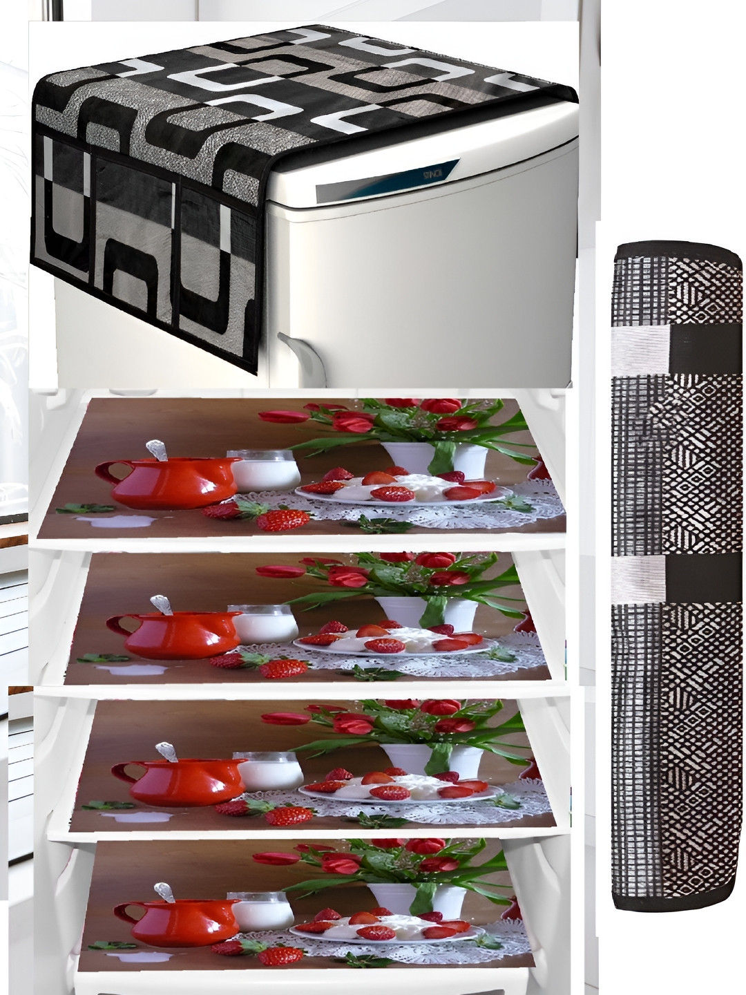 

REVEXO 6-Pcs Grey & Red Printed Refrigerator Top Cover With Handle & Mats