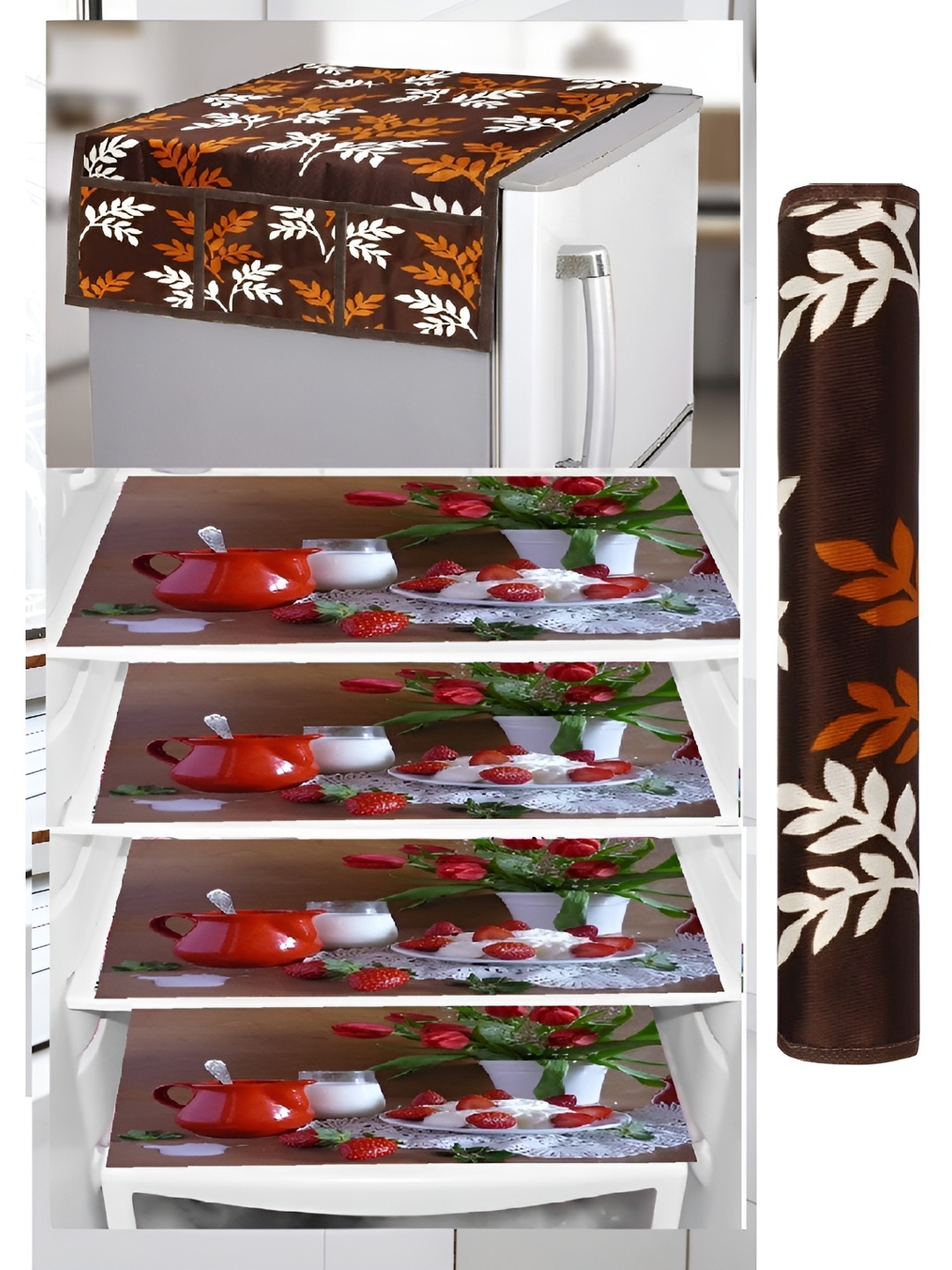 

REVEXO 6-Pcs Brown & White 4 Pieces Printed Fridge Cover With Mats