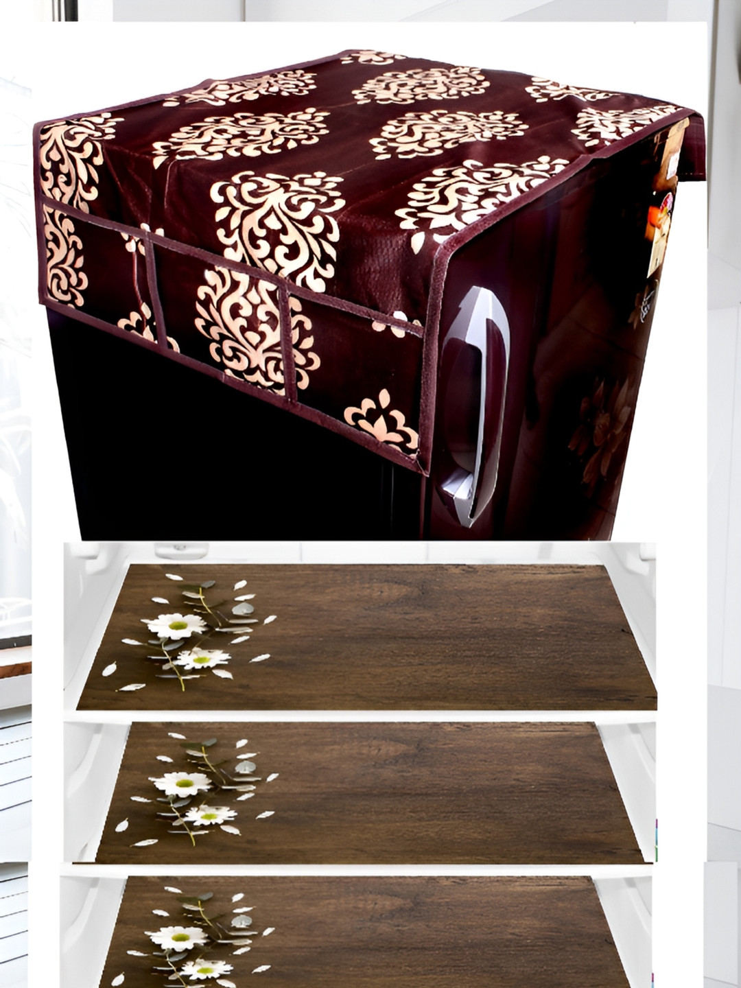 

REVEXO 5-Pcs Brown Printed Fridge Top Cover & Fridge Mats