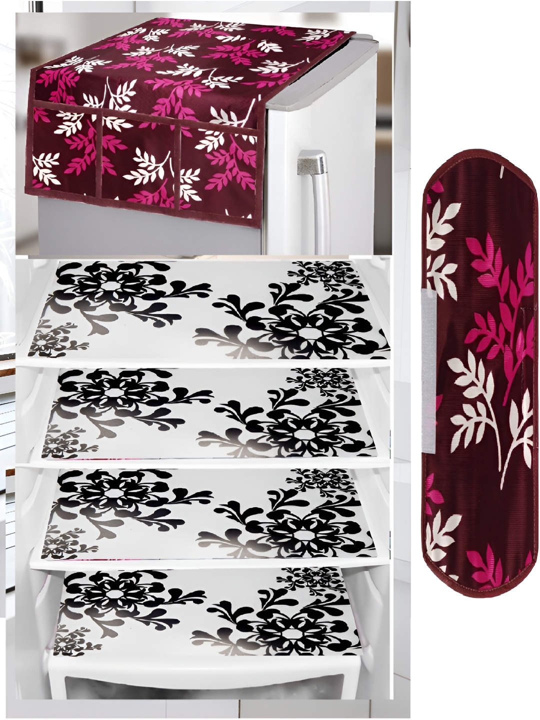 

REVEXO 6-Pcs Brown & White Printed Refrigerator Top Cover With Handle & Mats