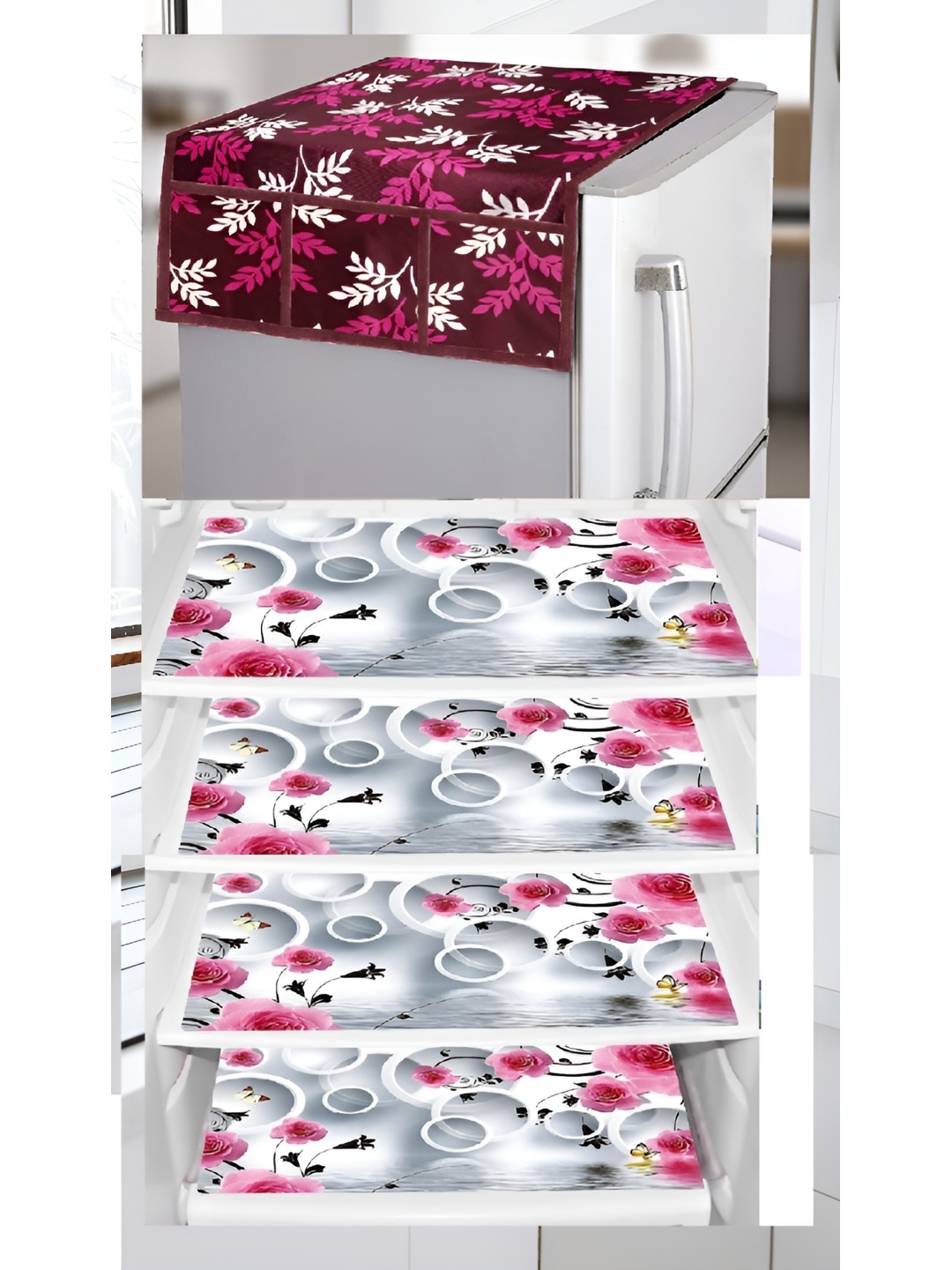 

REVEXO 5-Pcs Maroon & White Printed Fridge Top Cover & Fridge Mats