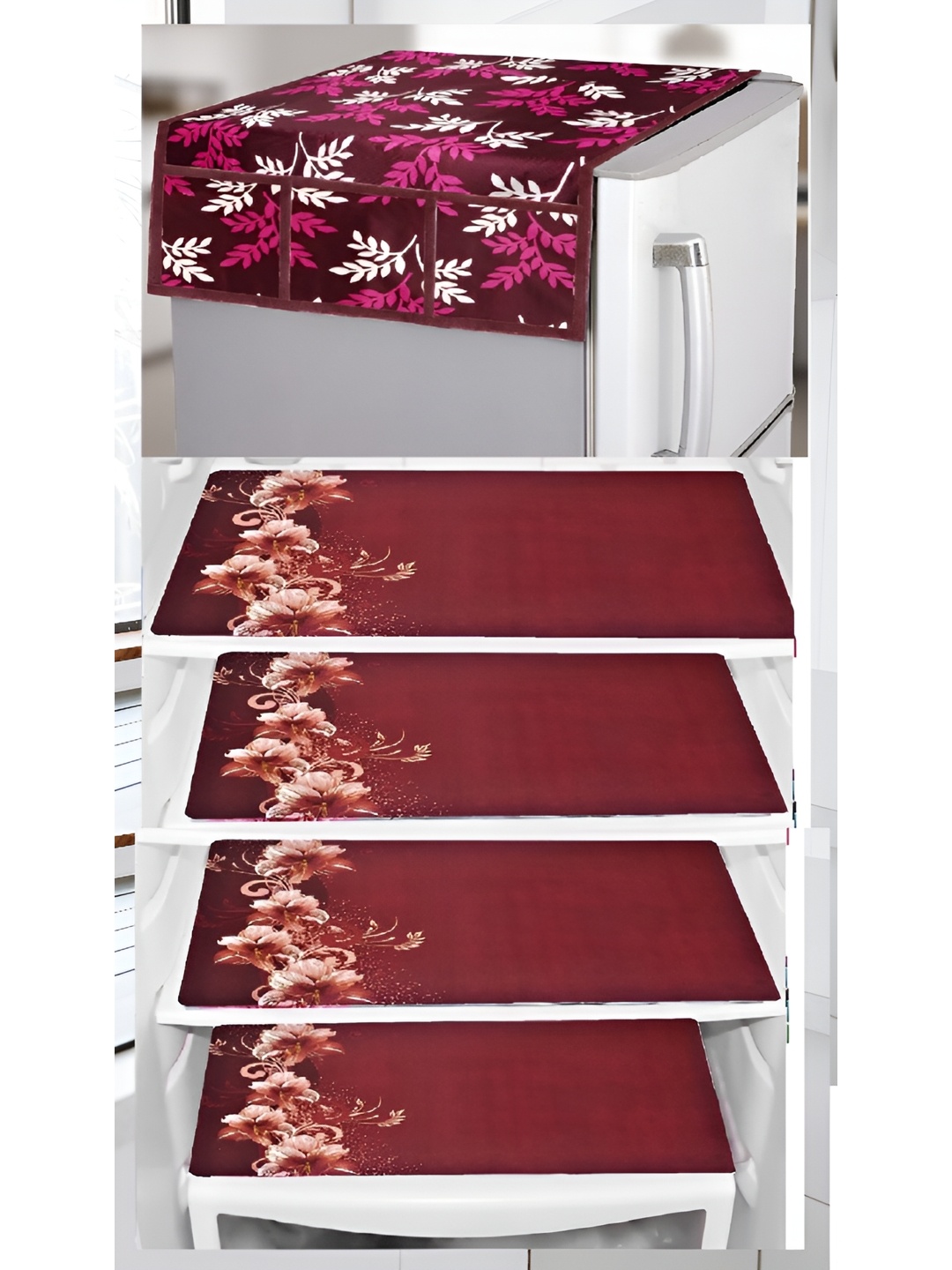 

REVEXO 5-Pcs Brown& White printed Fridge Top Cover, Maroon