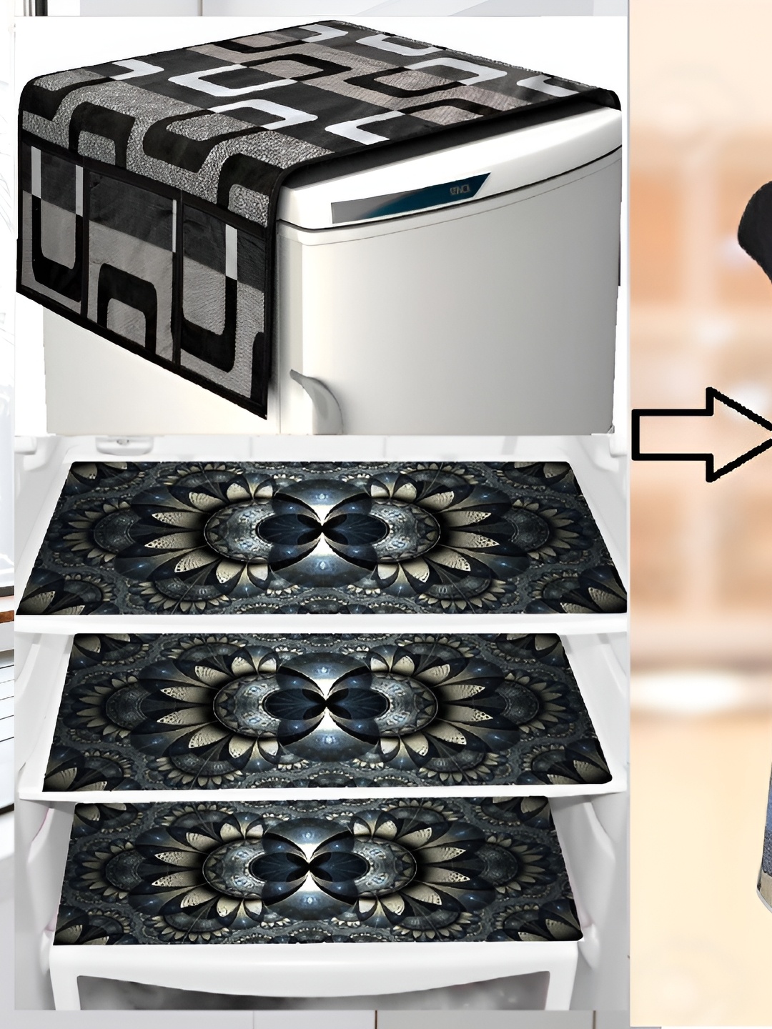 

REVEXO 5-Pcs Grey Printed Fridge Top Cover With Fridge Mats