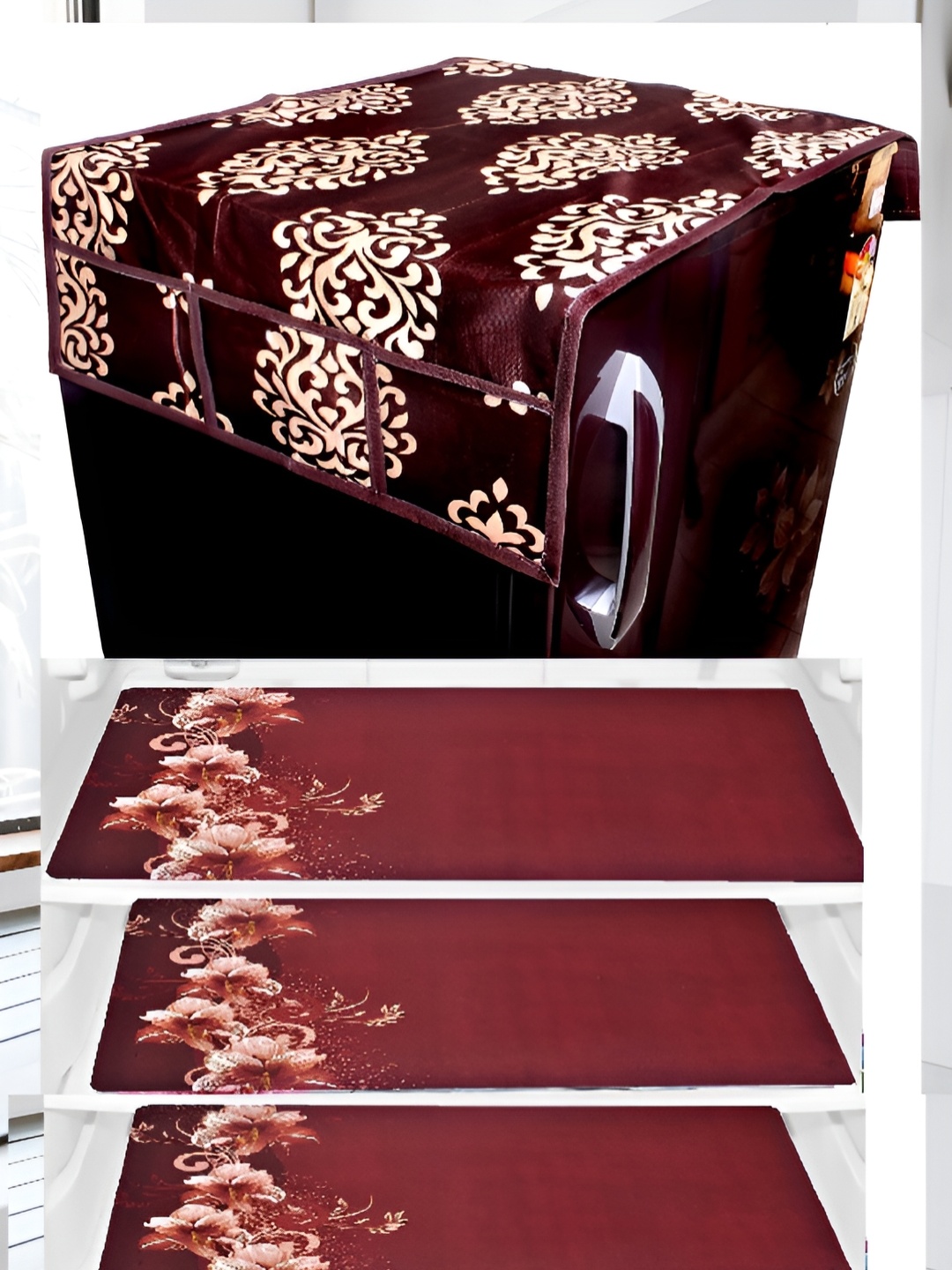 

REVEXO Brown & Maroon 4 Pieces Floral Printed Appliance covers