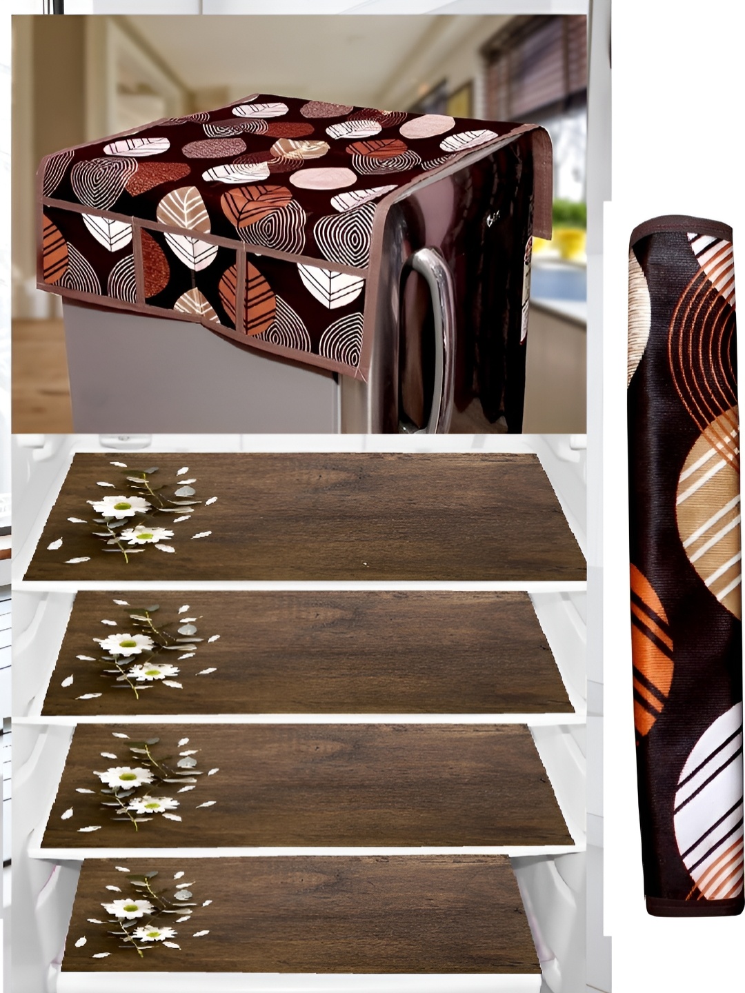 

REVEXO Brown & White 6 Pieces Printed Refrigerator Top Cover With Handle & Mats