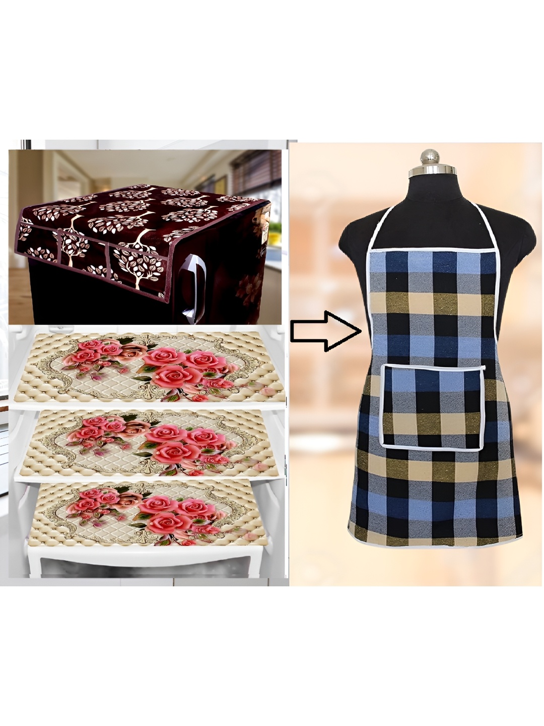 

REVEXO Brown & Beige Floral Printed Fridge Cover With 3 Fridge Mats & Apron