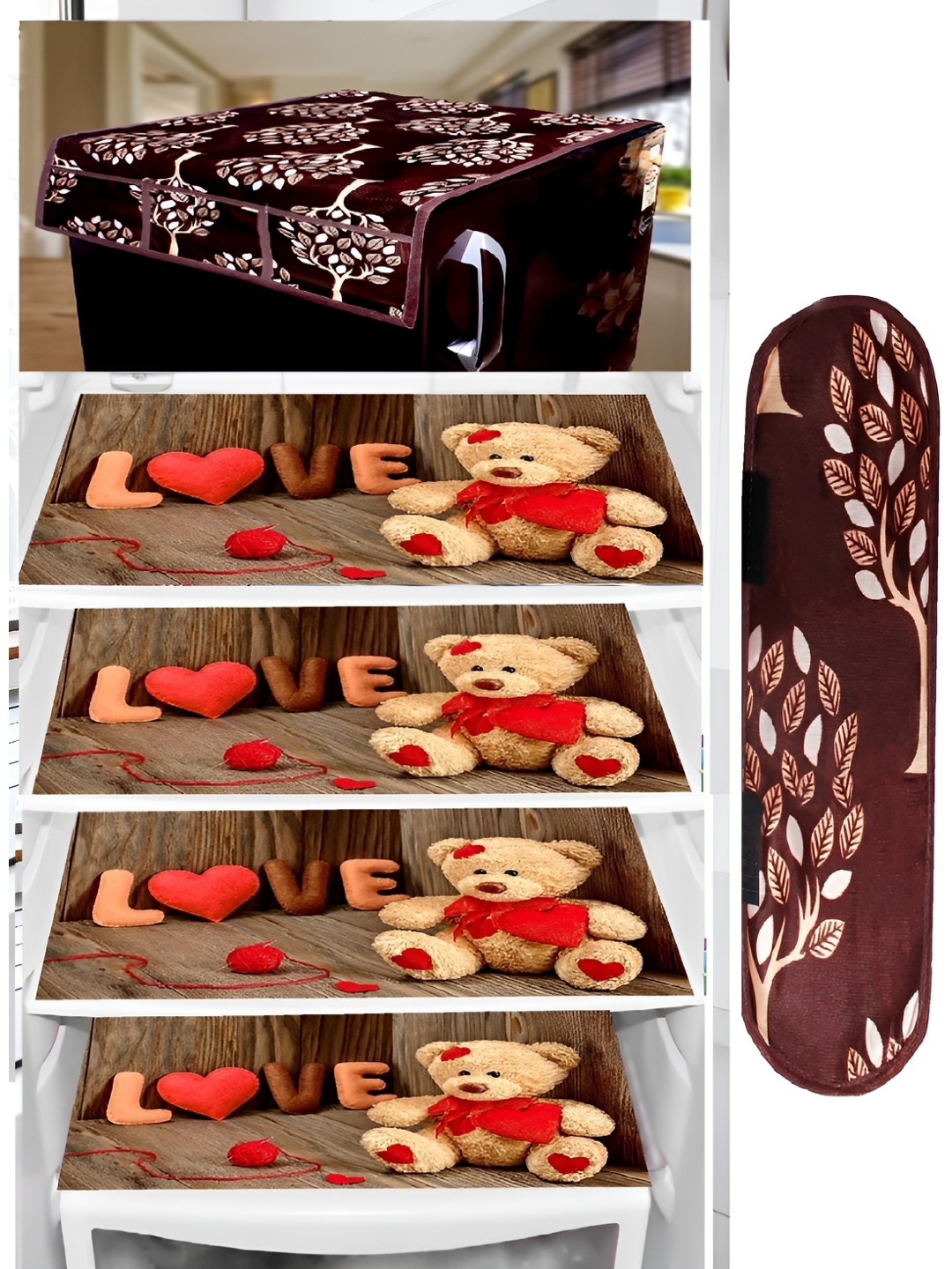 

REVEXO Blue 6 Pieces Printed Fridge Top Cover With Fridge Handle Cover & Fridge Mats, Brown