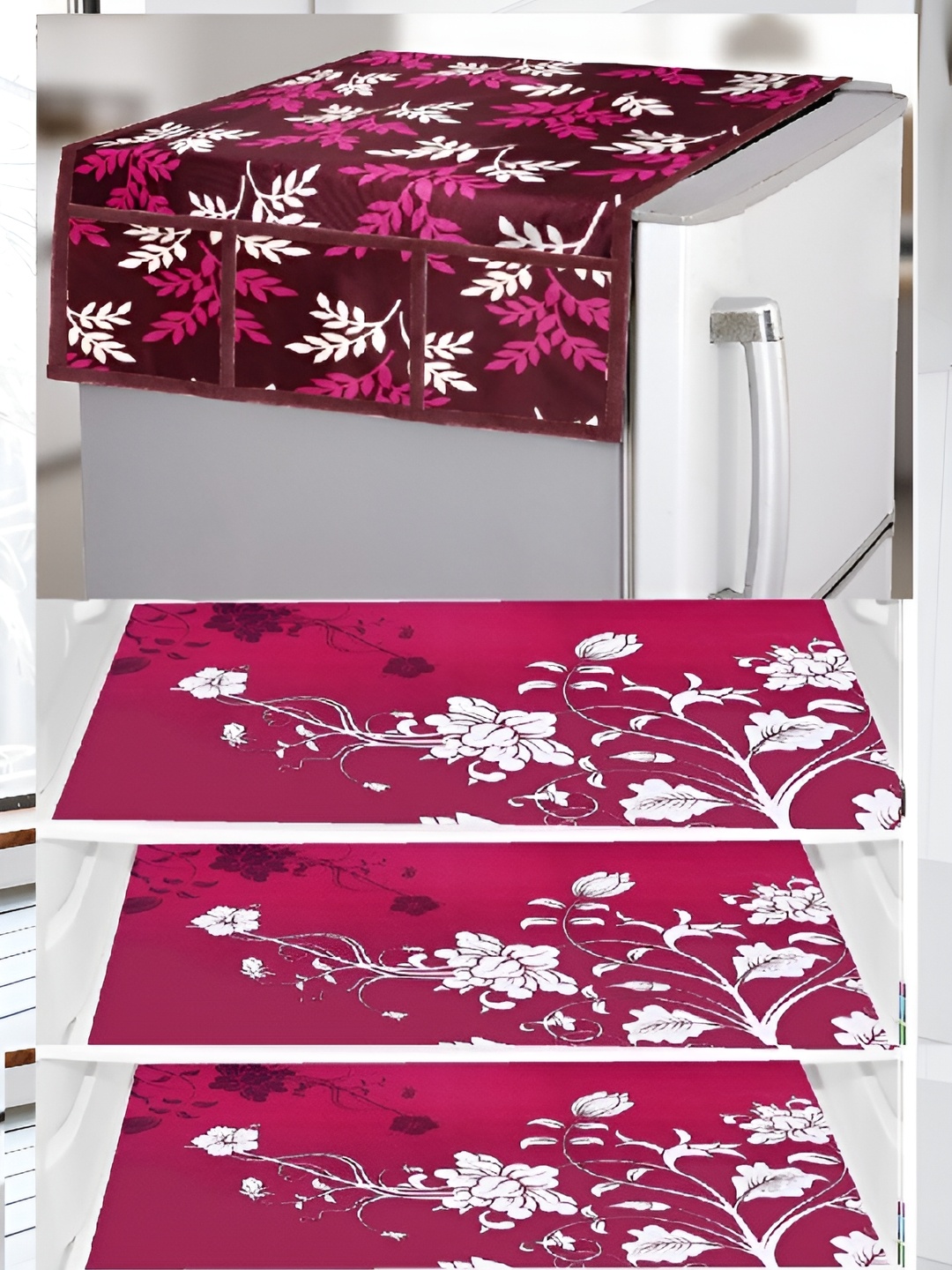 

REVEXO Pink & White 4 Pieces Printed Refrigerator Top Cover With Mats