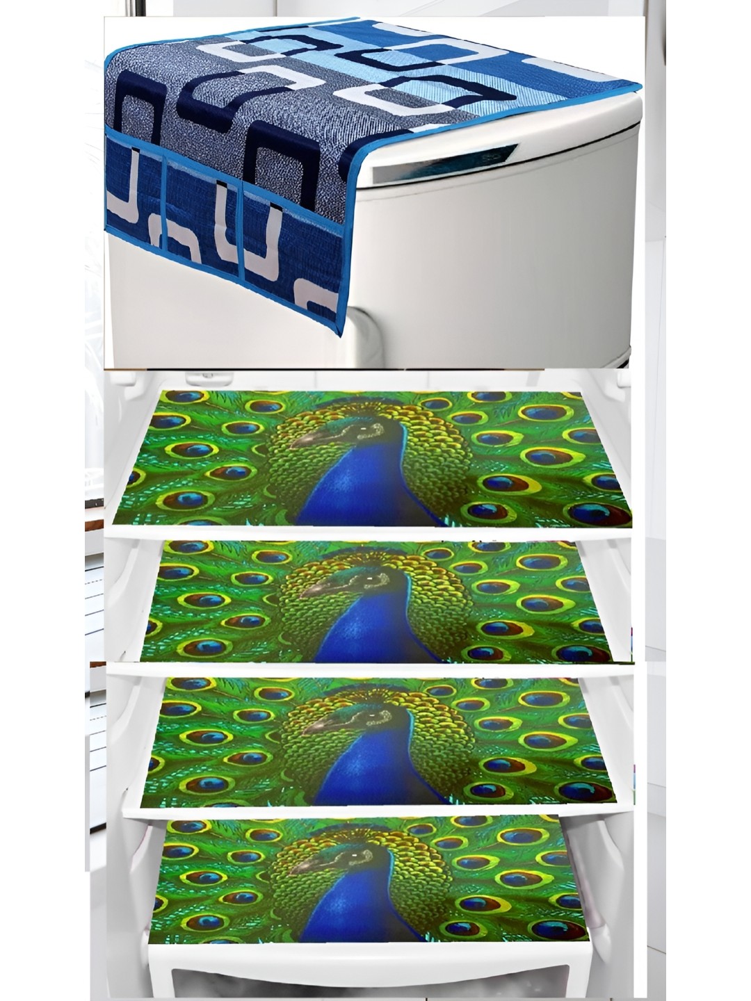 

REVEXO 5-Pcs Blue & Green Printed Fridge Top Cover & Fridge Mats