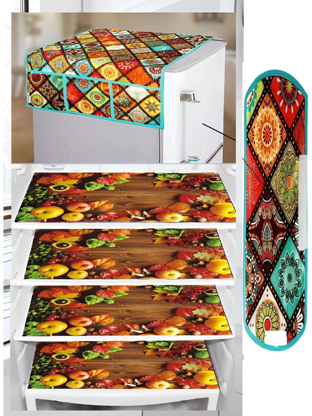 

REVEXO 6-Pcs Brown & Yellow Printed Refrigerator Top Cover With Handle & Mats
