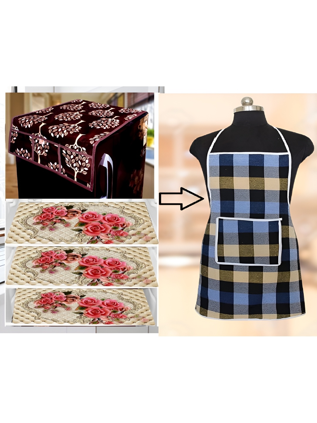 

REVEXO Blue & Grey 5 Pieces Printed Fridge Top Cover With Apron & Fridge Mats